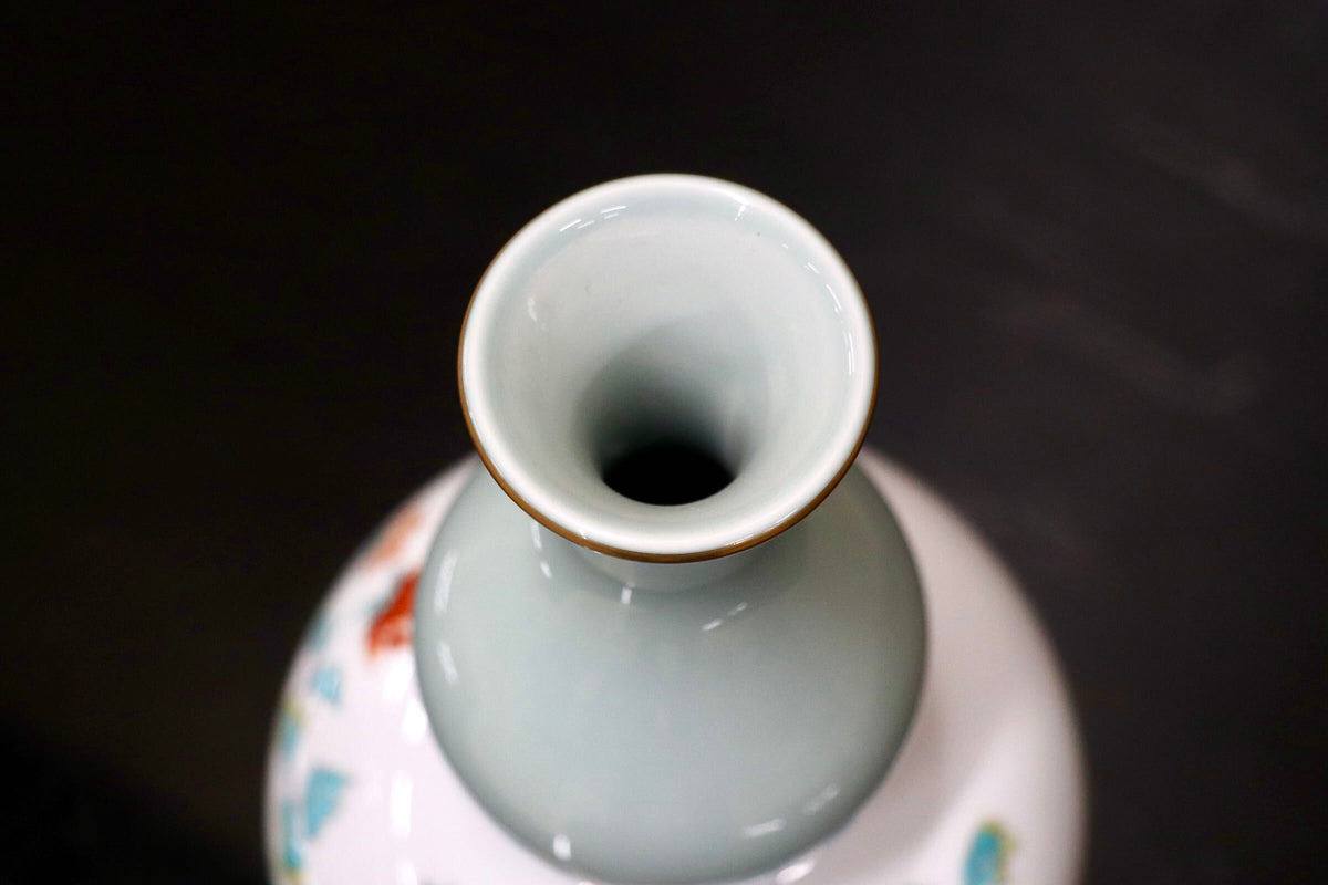 GMJK374W◯有田焼 弥左エ門作 瓢箪型花瓶 色絵花鳥文 花入 花器 一輪挿し 置物 インテリア 陶器 共箱 在銘 伝統工芸 和モダン