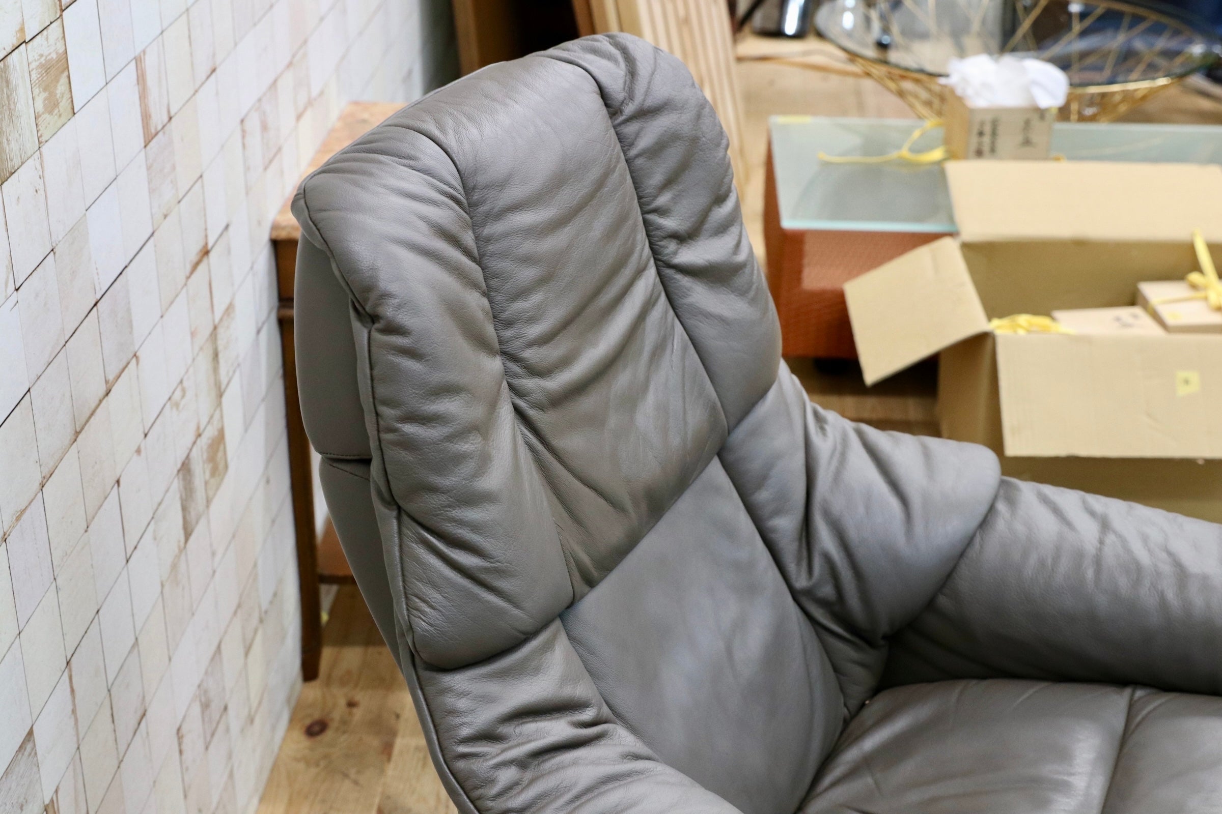 GMJK366○EKORNES / エコーネス Stressless Reno ストレスレス レノ 推定Sサイズ 本革 リクライニングチェア オットマン グレー 約45万円