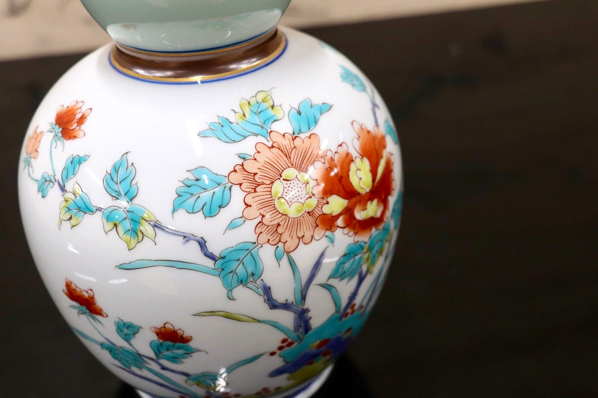 GMJK374W◯有田焼 弥左エ門作 瓢箪型花瓶 色絵花鳥文 花入 花器 一輪挿し 置物 インテリア 陶器 共箱 在銘 伝統工芸 和モダン