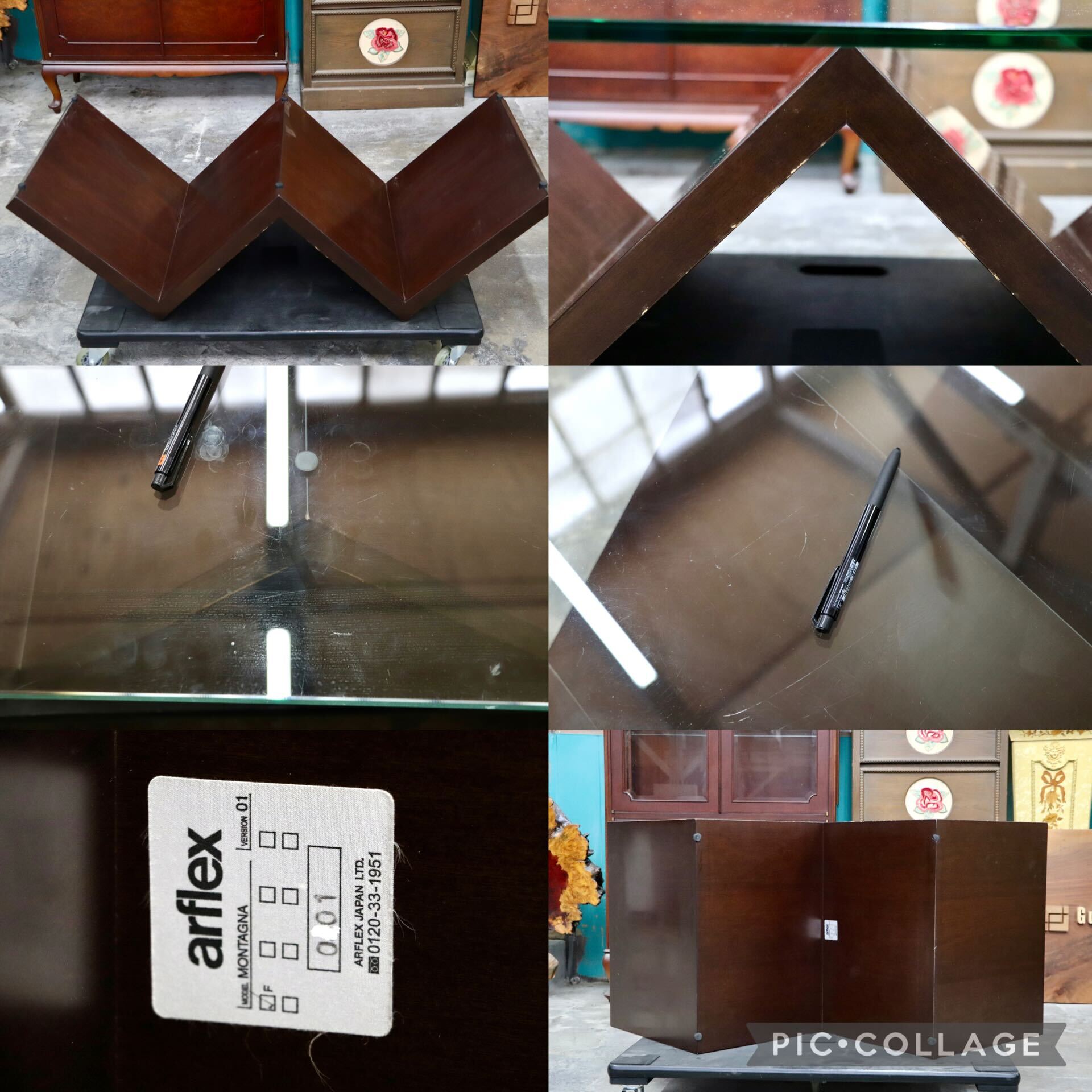 GMIH518○arflex / アルフレックス MONTAGNA モンターニャ センターテーブル 川崎文男 ガラス天板 ウォールナット系 イタリアモダン 約30万