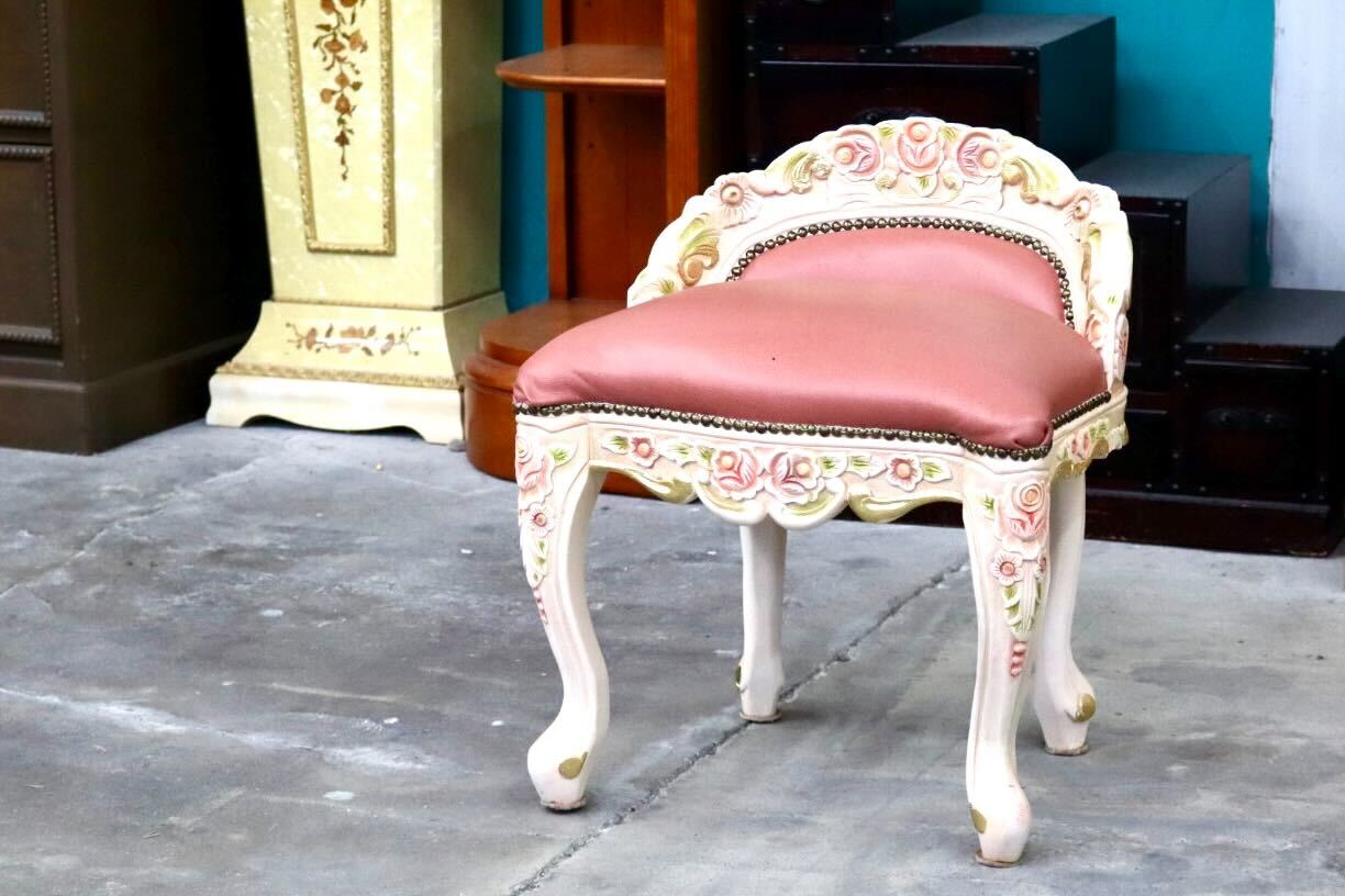 GMIS418B○スツール アームレスチェア 椅子 腰掛 座椅子 猫脚 木製 ドレッサー 玄関 ロココ ヨーロピアン 定価約8.7万