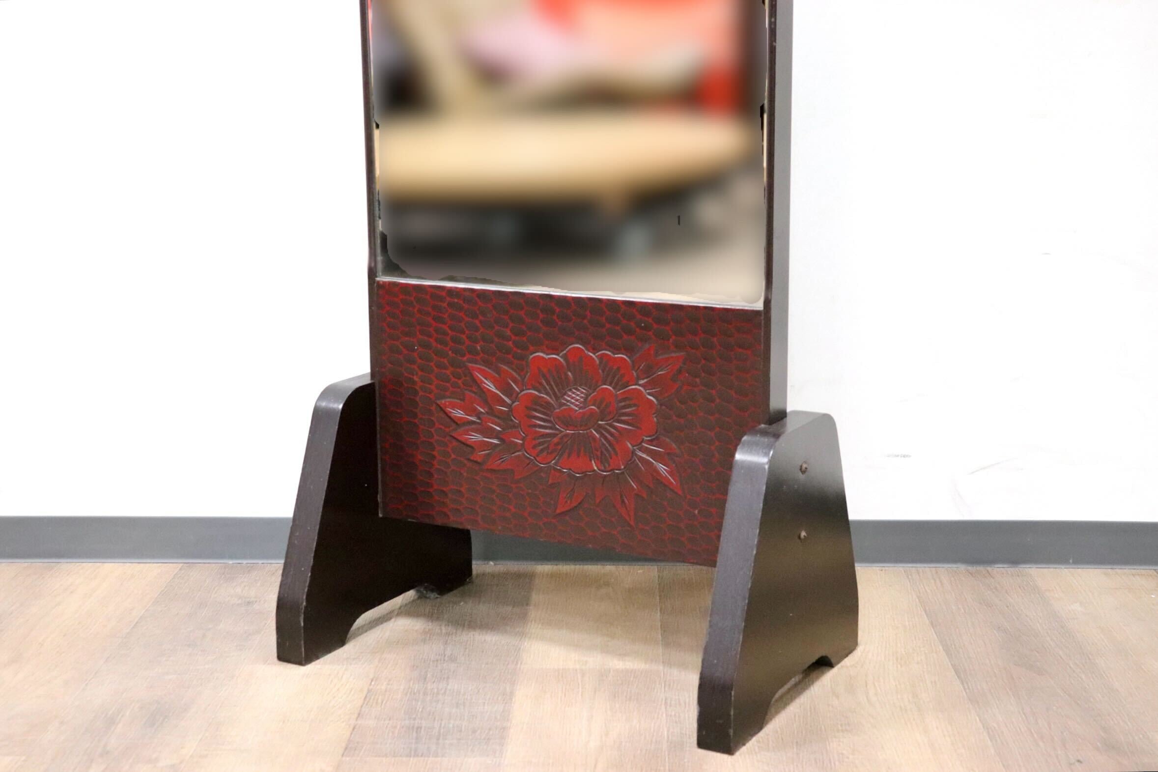 GMGF106○鎌倉彫 スタンドミラー 鏡 姿見 全身鏡 木製 彫刻 漆塗り 
