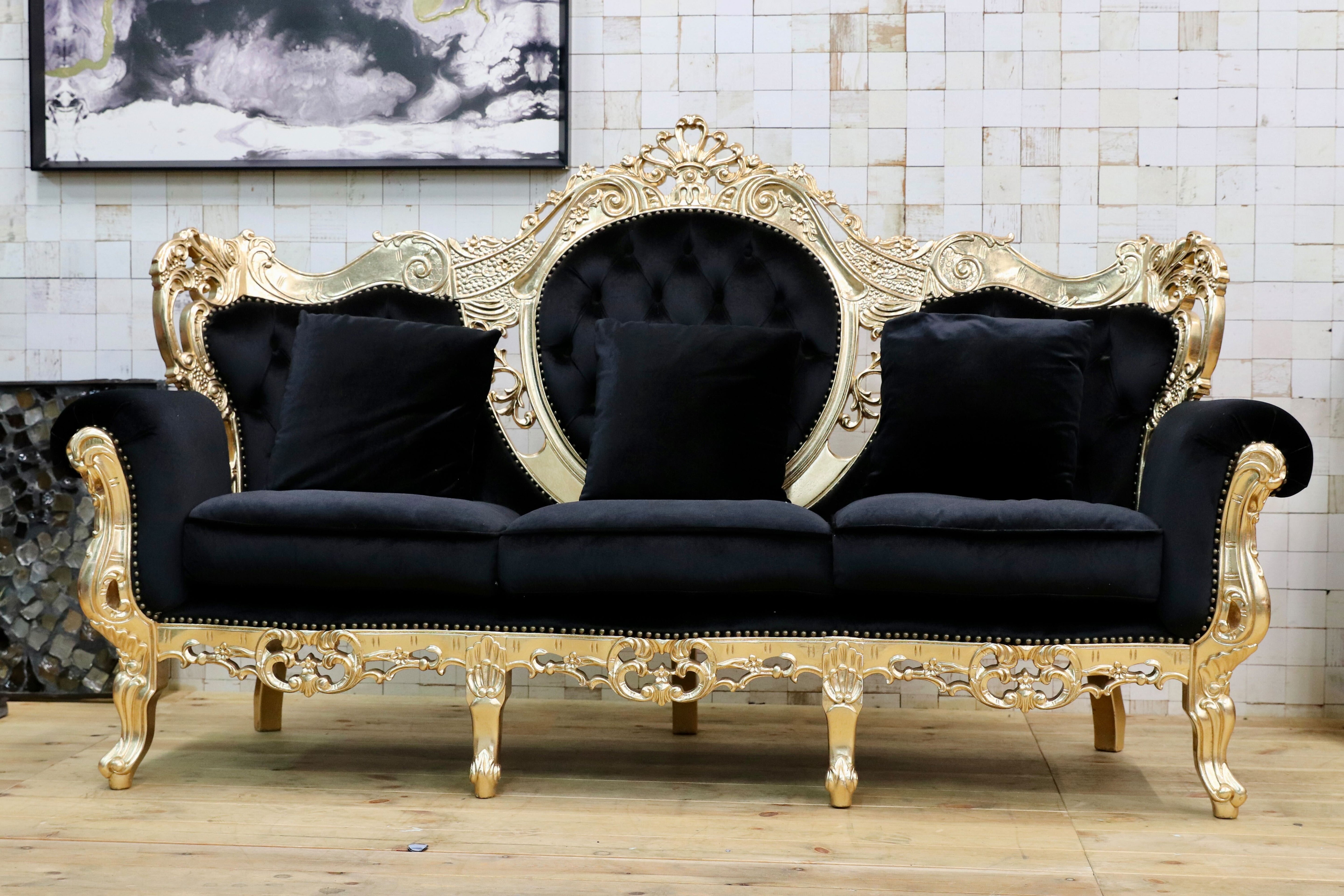 GMIK532○ヴェネチアン トリプルソファ イタリア 輸入家具 クラシック エレガント ブラック×ゴールド ファブリック 定価約46万 展示品