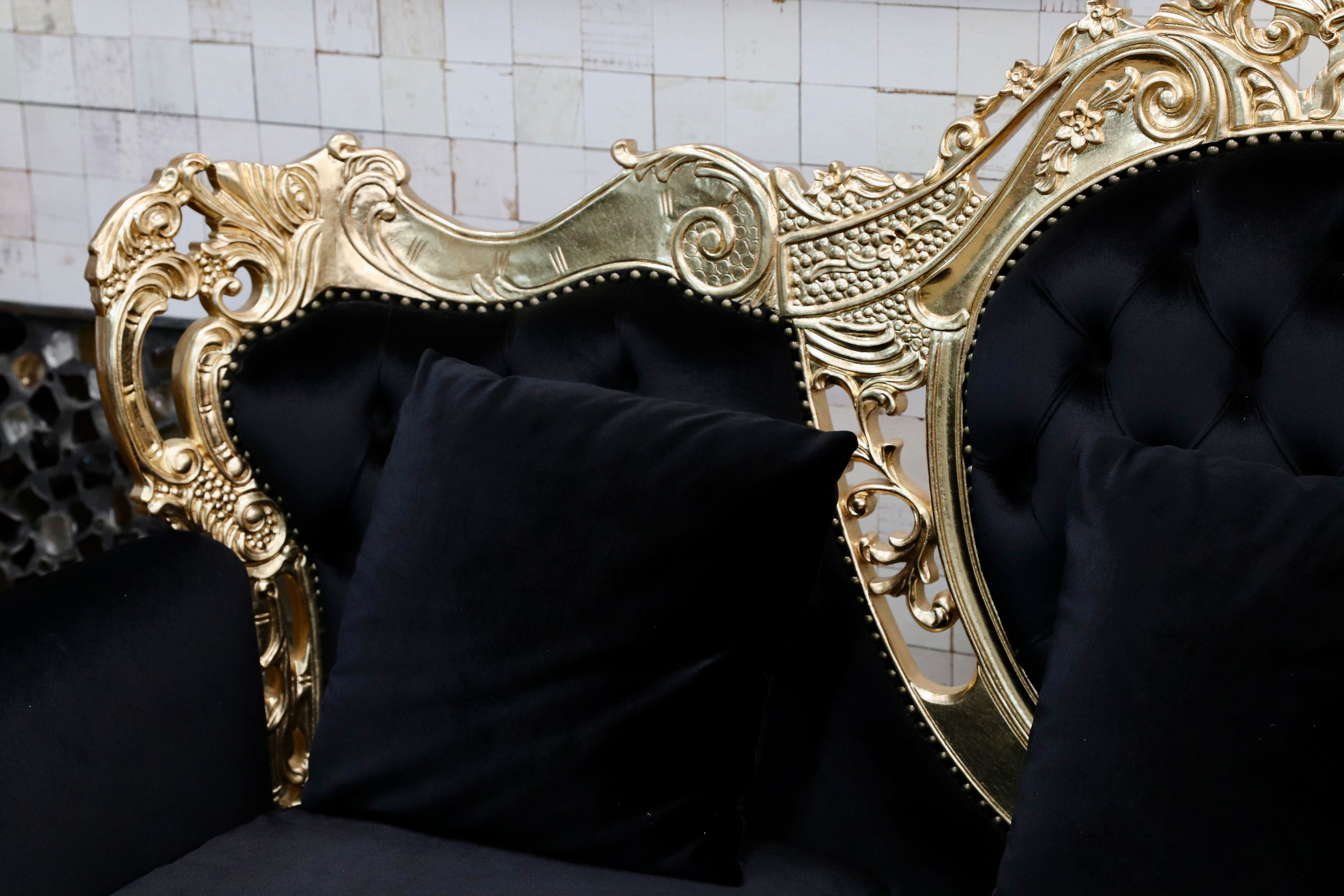 GMIK532○ヴェネチアン トリプルソファ イタリア 輸入家具 クラシック エレガント ブラック×ゴールド ファブリック 定価約46万 展示品
