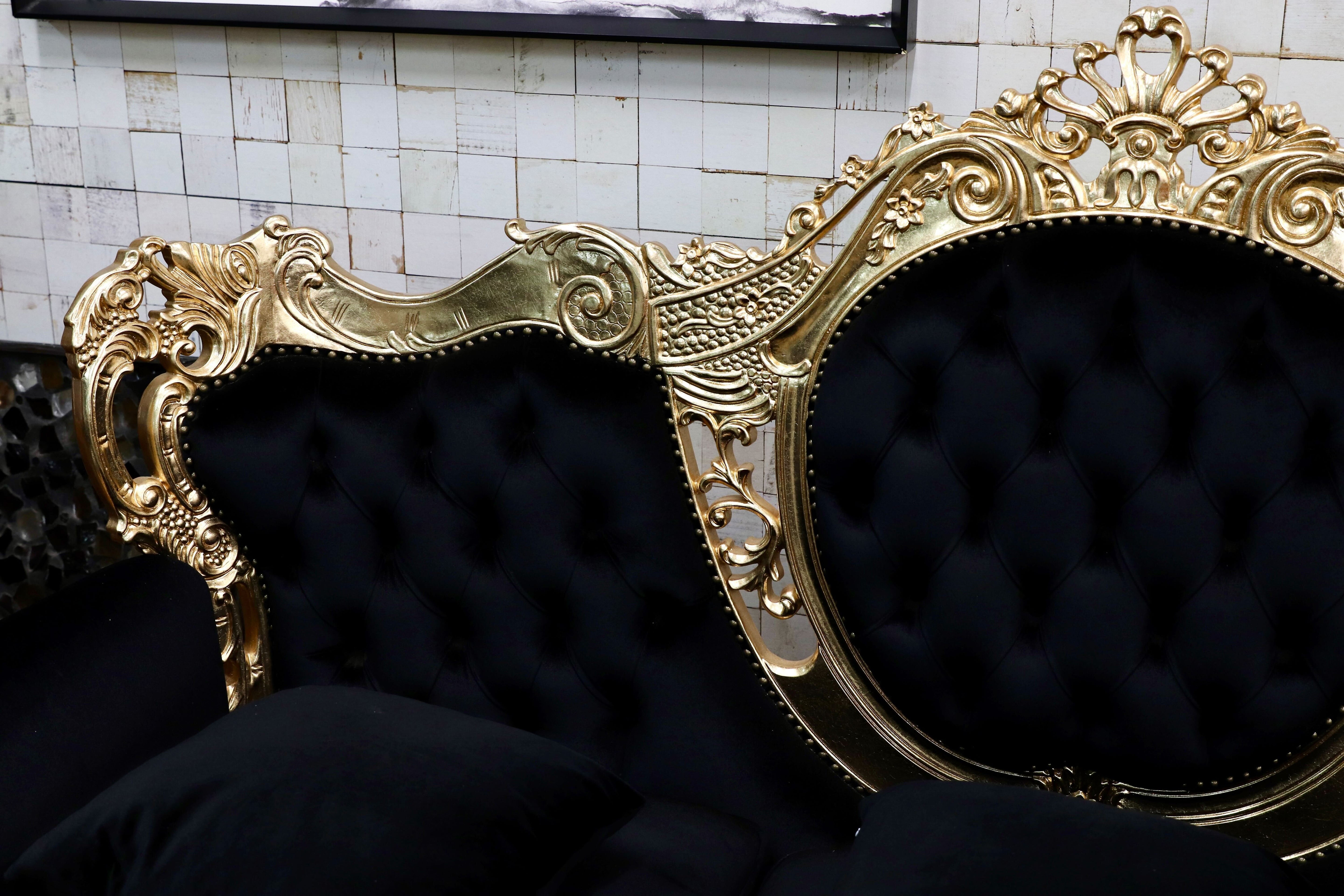 GMIK532○ヴェネチアン トリプルソファ イタリア 輸入家具 クラシック エレガント ブラック×ゴールド ファブリック 定価約46万 展示品