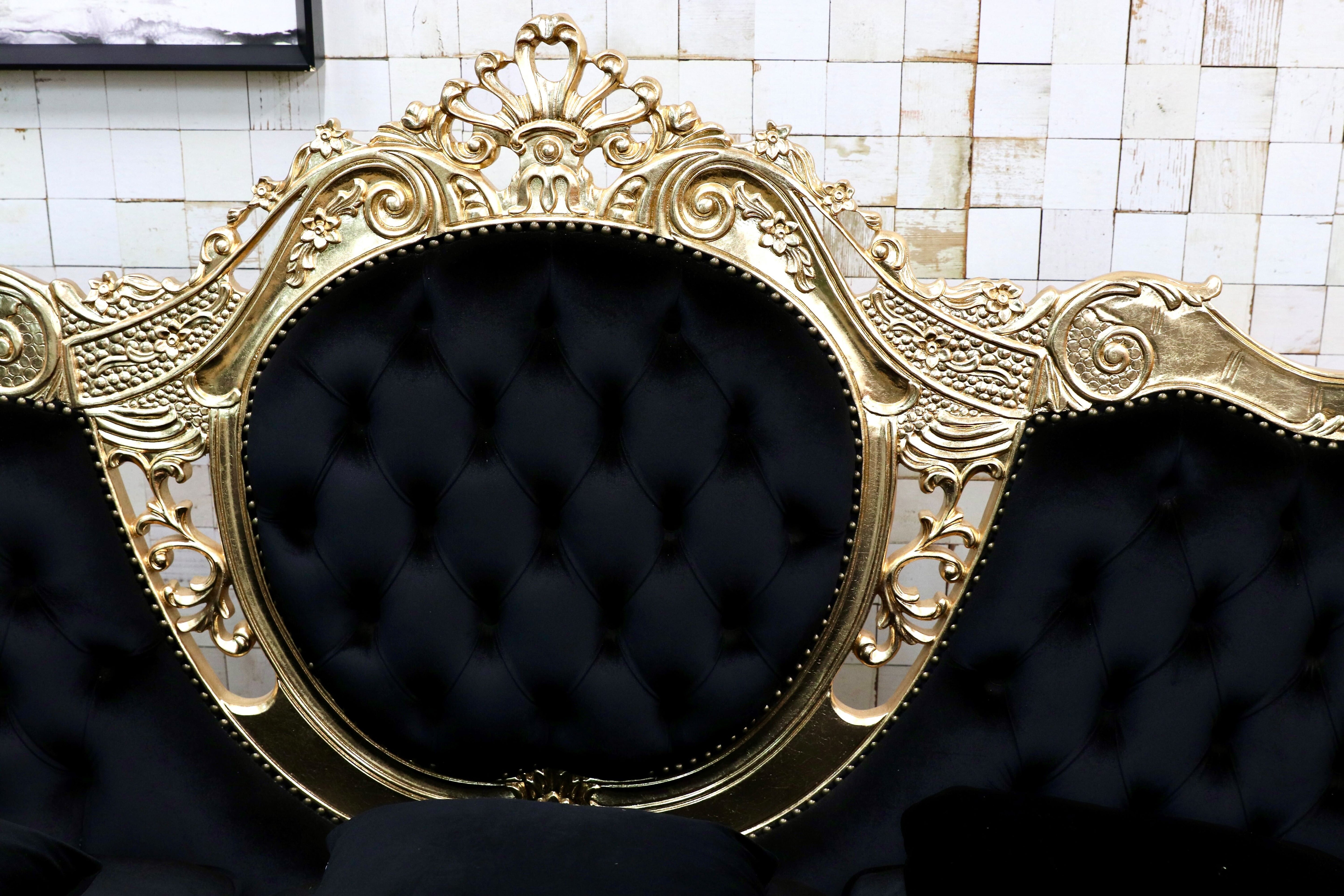 GMIK532○ヴェネチアン トリプルソファ イタリア 輸入家具 クラシック エレガント ブラック×ゴールド ファブリック 定価約46万 展示品