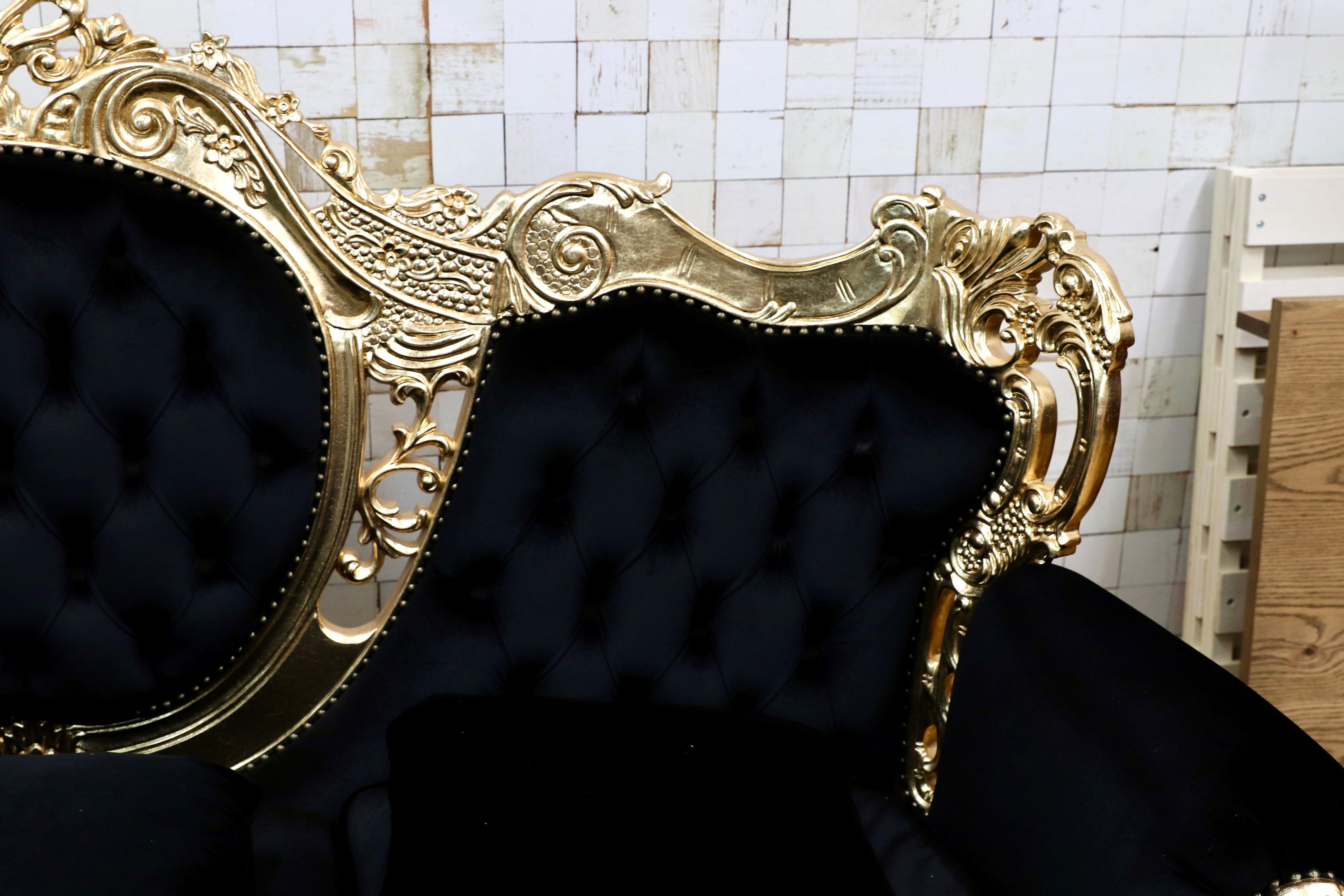 GMIK532○ヴェネチアン トリプルソファ イタリア 輸入家具 クラシック エレガント ブラック×ゴールド ファブリック 定価約46万 展示品