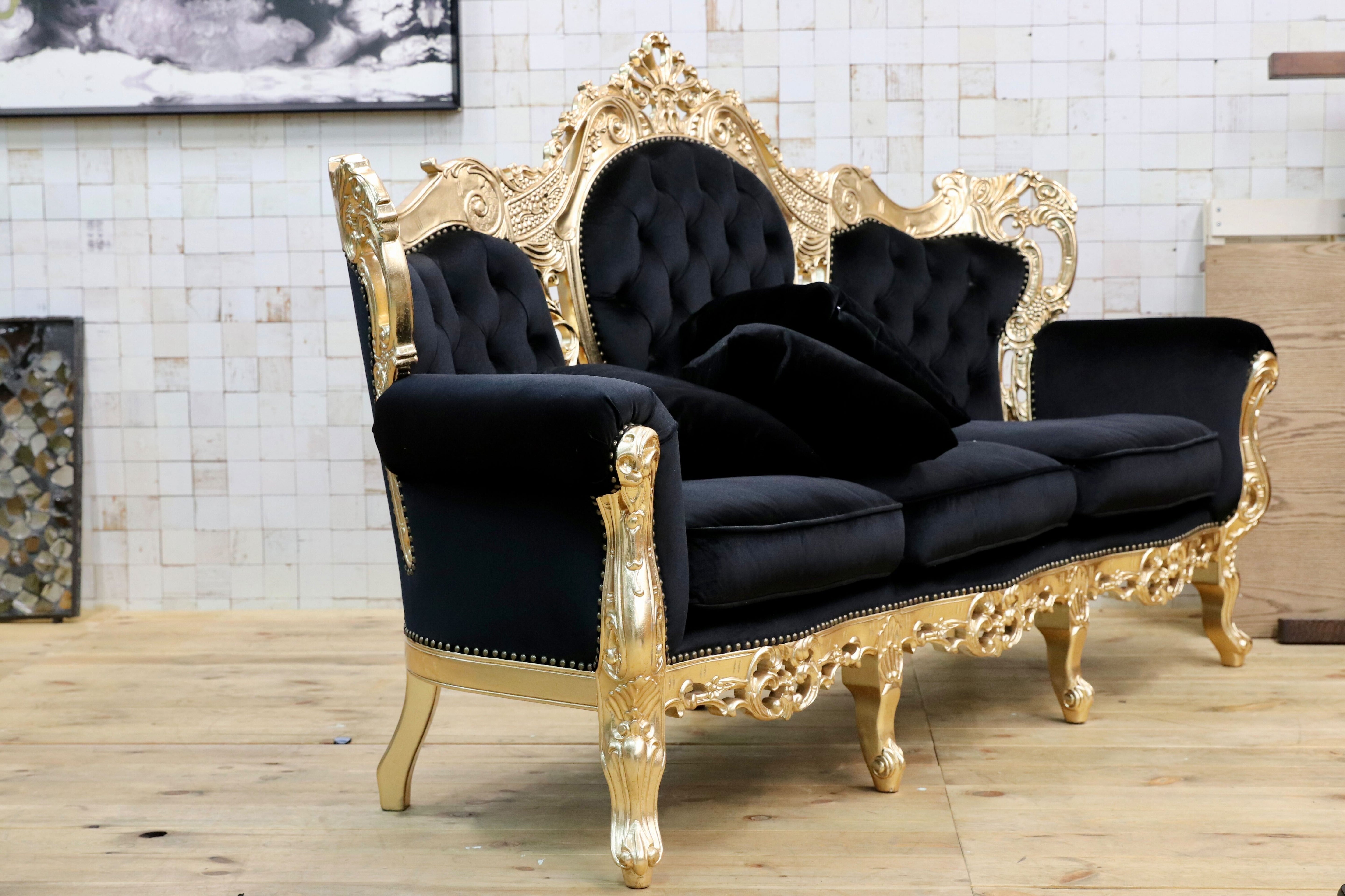 GMIK532○ヴェネチアン トリプルソファ イタリア 輸入家具 クラシック エレガント ブラック×ゴールド ファブリック 定価約46万 展示品