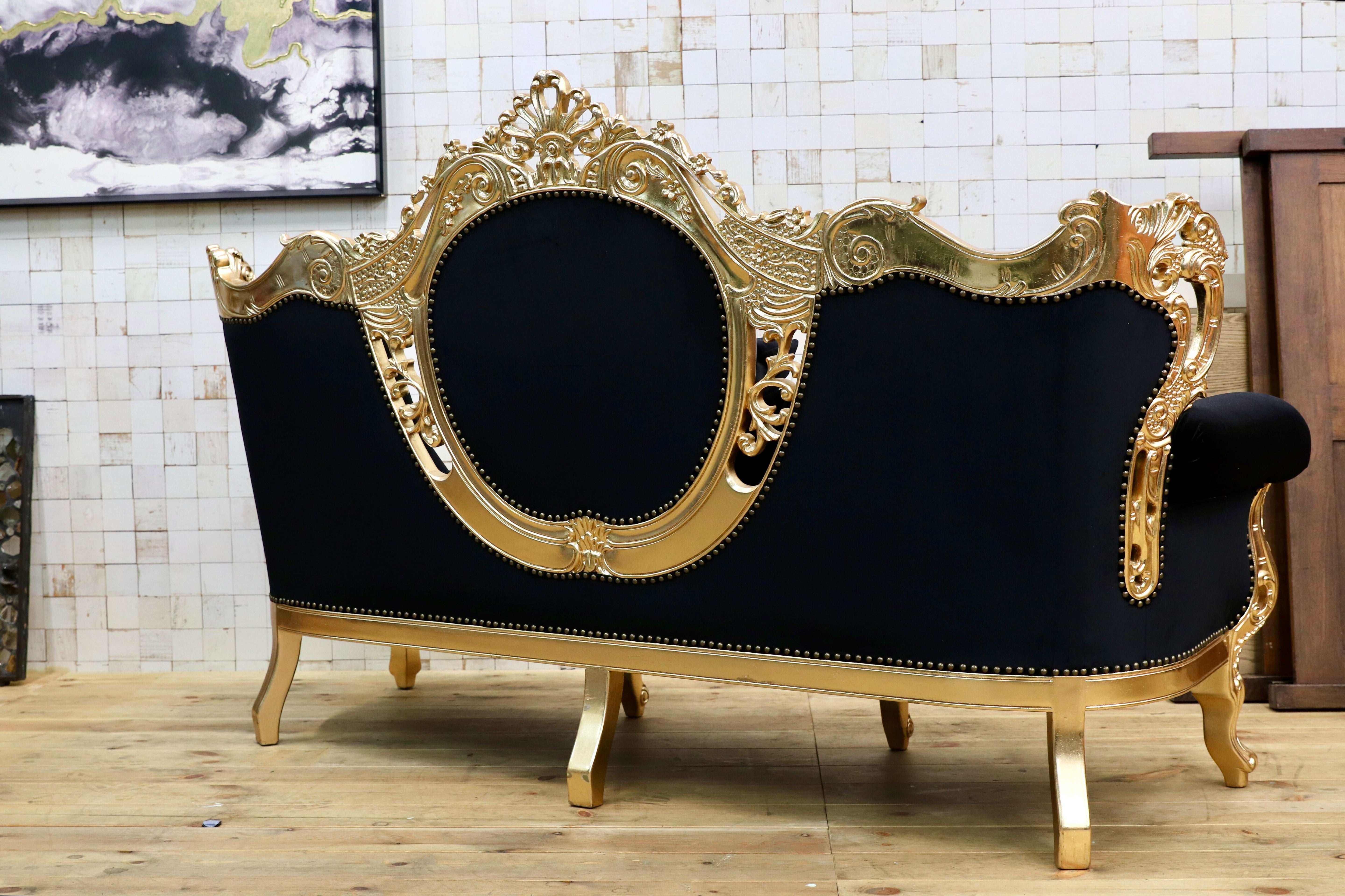 GMIK532○ヴェネチアン トリプルソファ イタリア 輸入家具 クラシック エレガント ブラック×ゴールド ファブリック 定価約46万 展示品