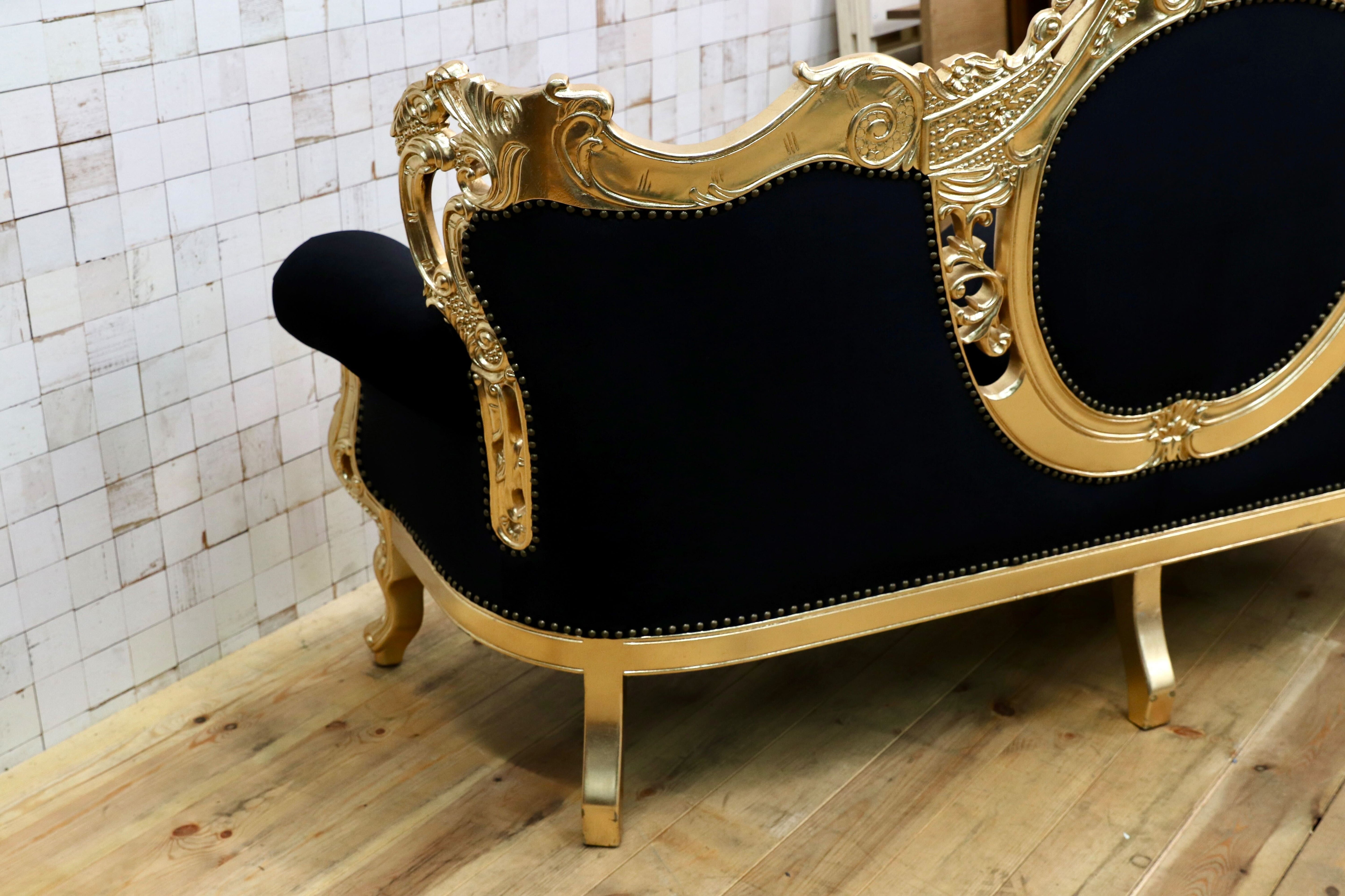 GMIK532○ヴェネチアン トリプルソファ イタリア 輸入家具 クラシック エレガント ブラック×ゴールド ファブリック 定価約46万 展示品