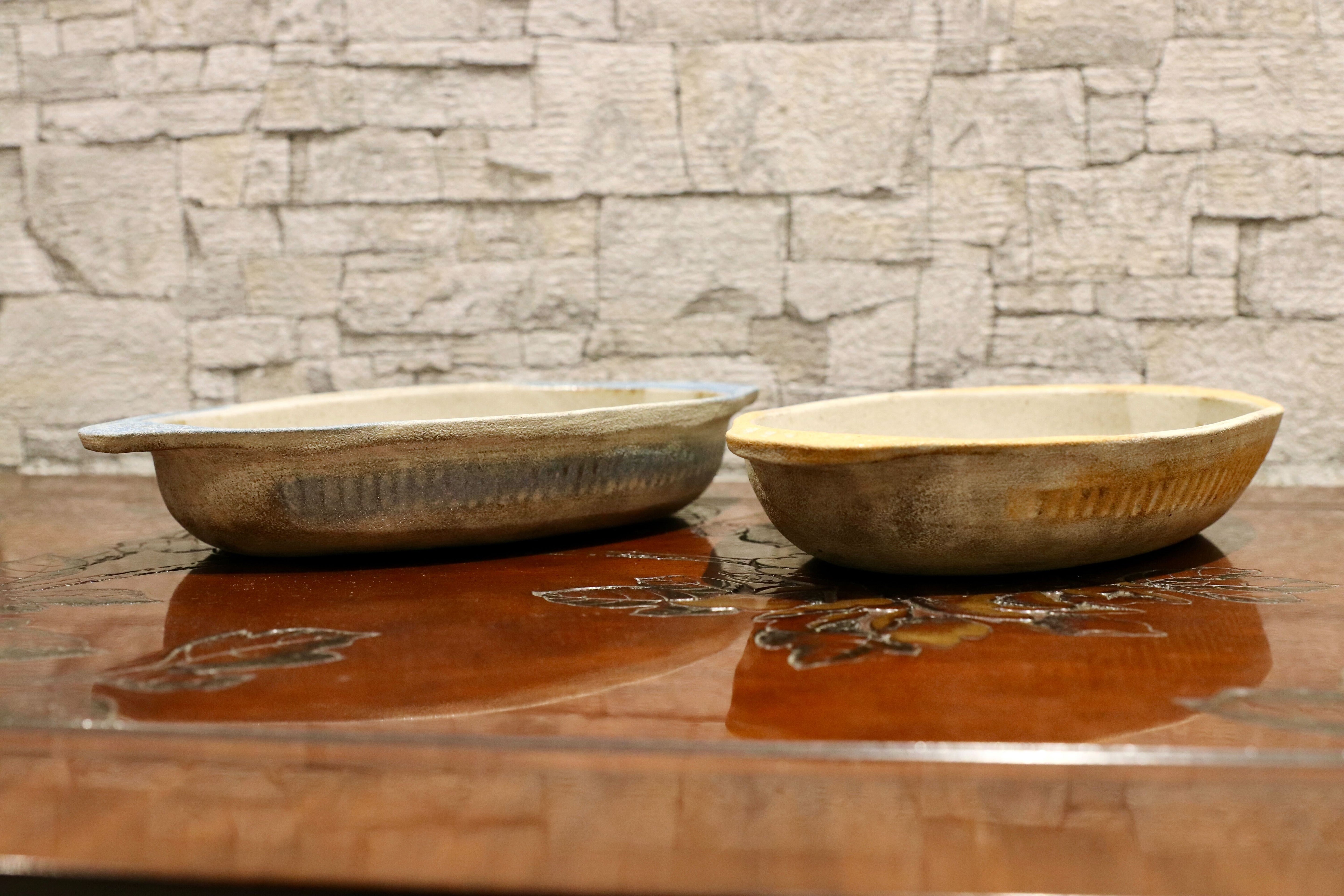 GMIO125-126○陶勝窯 グラタン皿 丹波立杭焼 ２枚セット 楕円 深皿 ブルー&ビワ