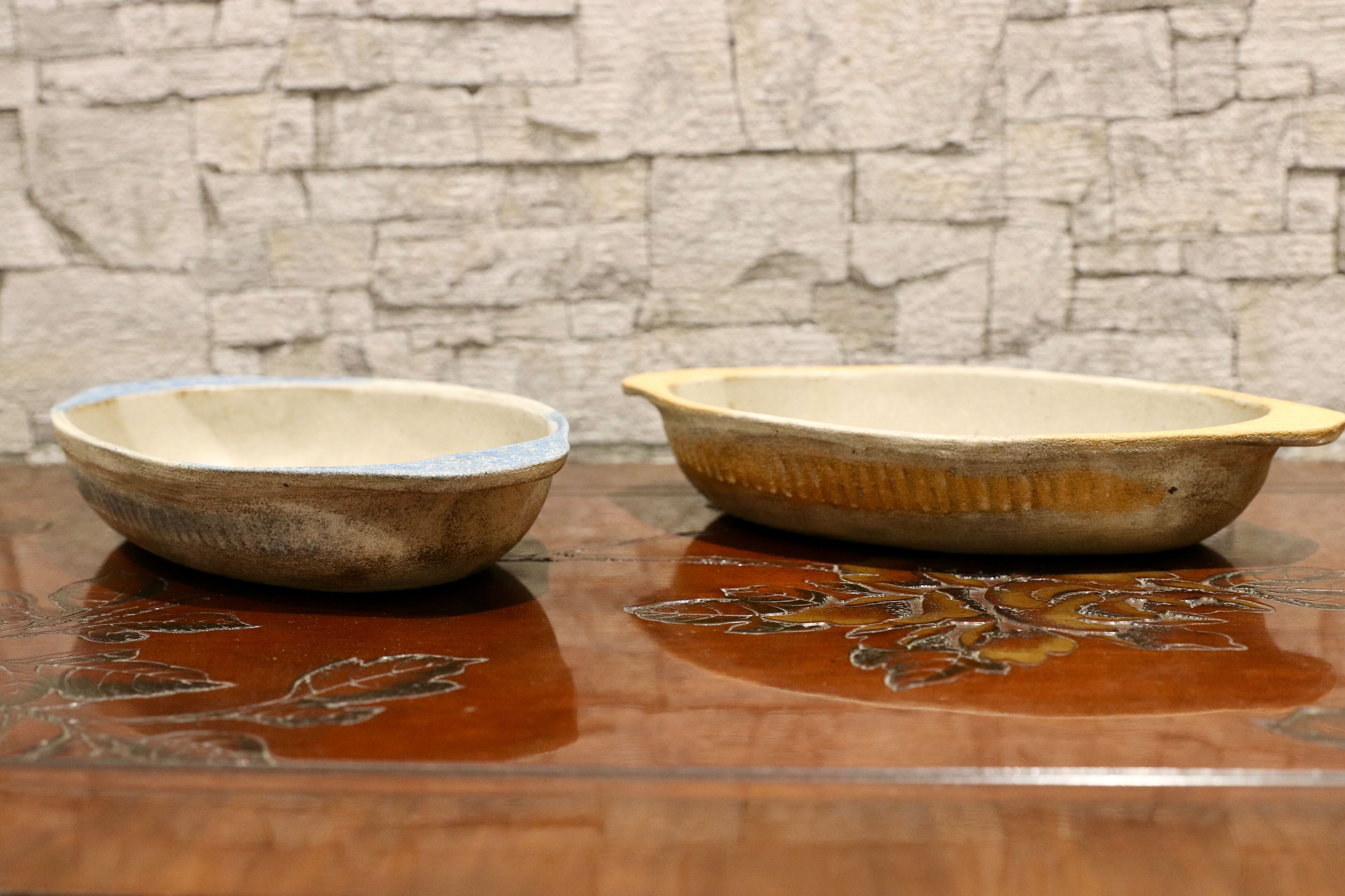 GMIO125-126○陶勝窯 グラタン皿 丹波立杭焼 ２枚セット 楕円 深皿 ブルー&ビワ