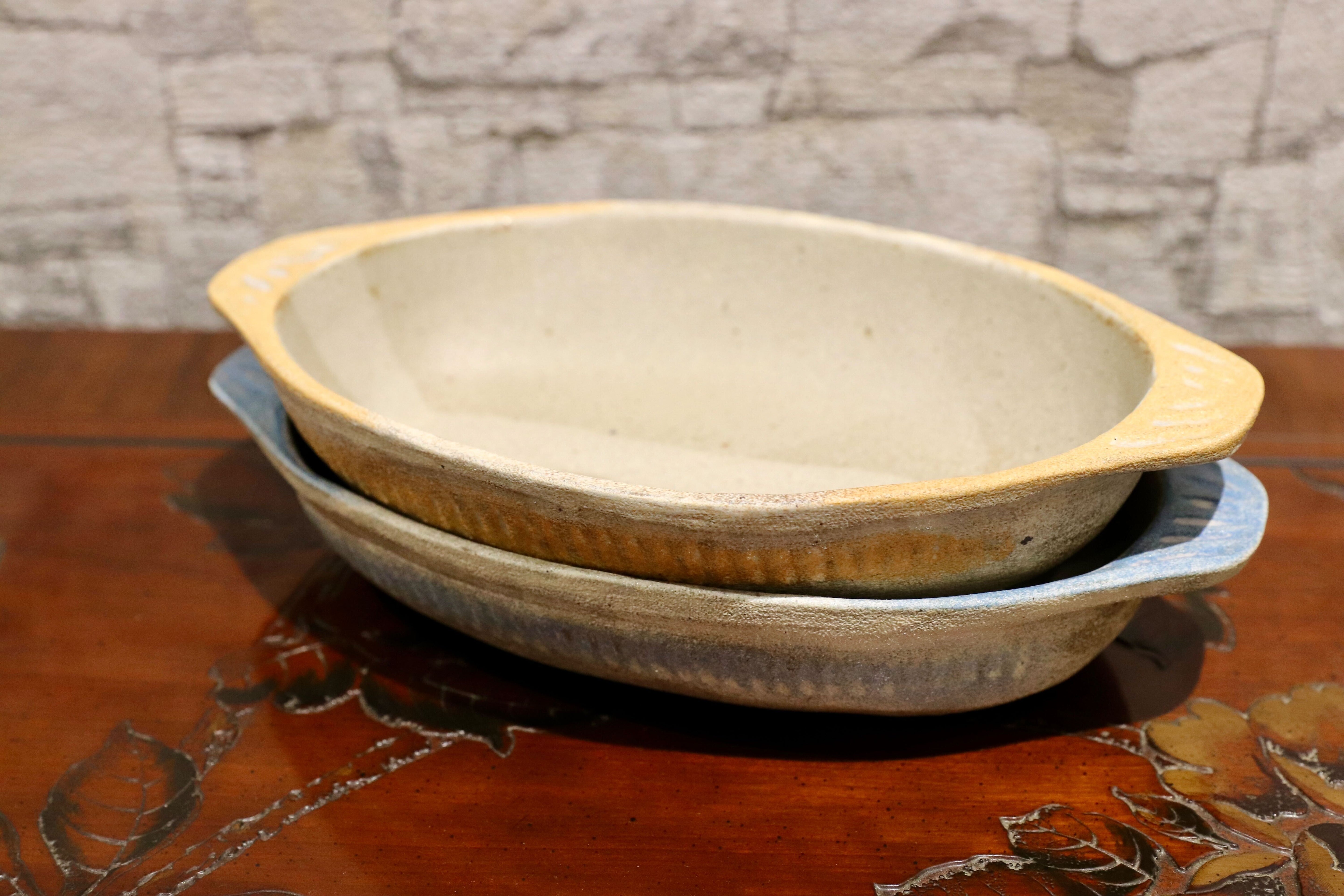 GMIO125-126○陶勝窯 グラタン皿 丹波立杭焼 ２枚セット 楕円 深皿 ブルー&ビワ