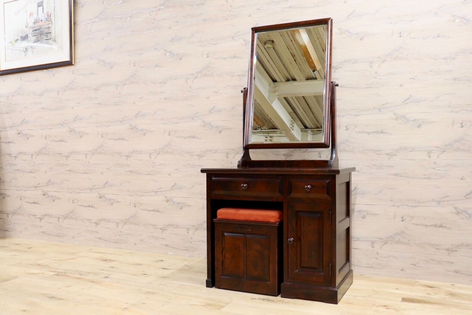 GMIK772B○北海道民芸家具 ドレッサー スツール セット 鏡台 化粧台 樺材 無垢 和家具 和モダン 古民家 国産家具 飛騨産業