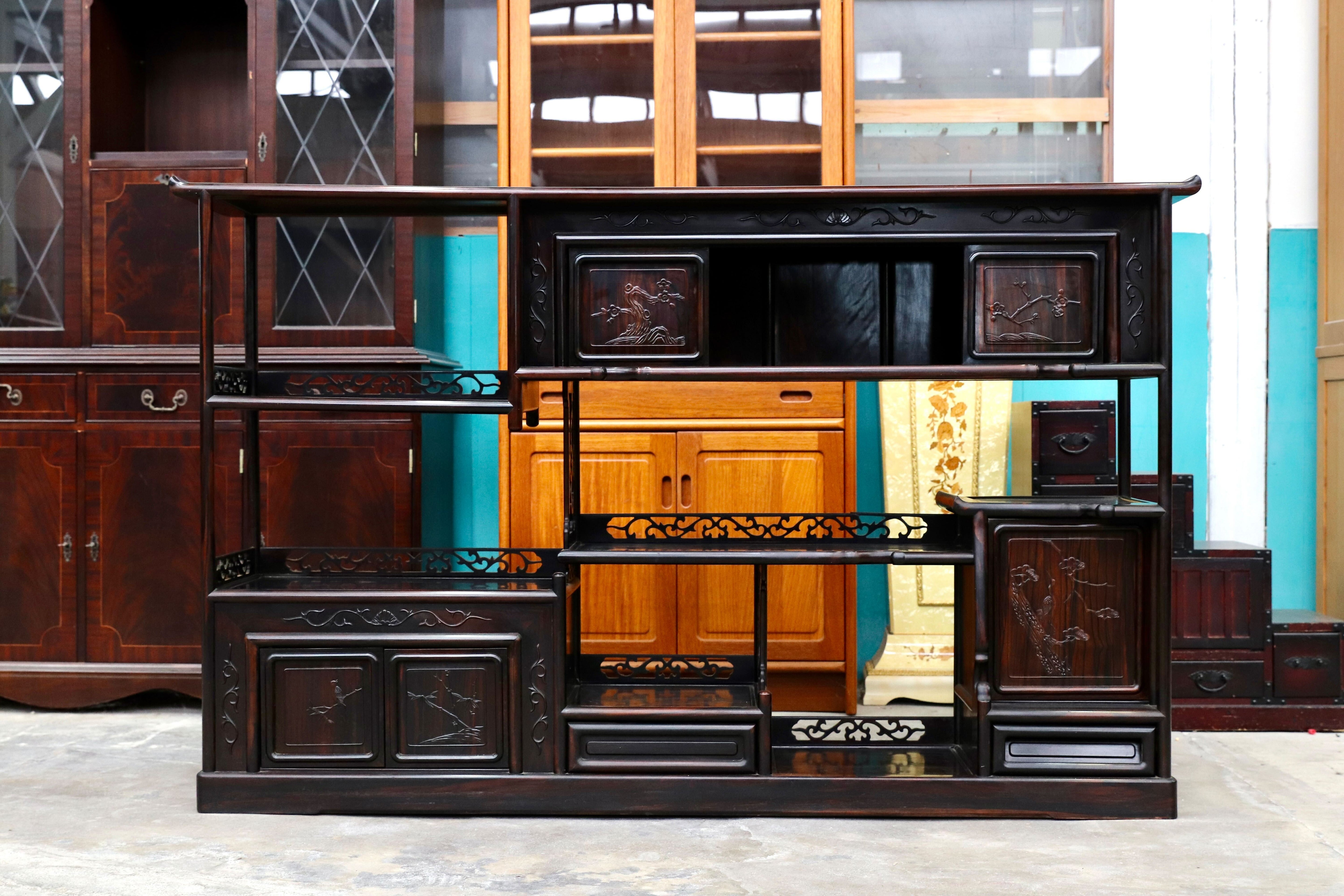 GMIS270○黒檀 茶棚 飾り棚 サイドボード リビングボード キャビネット 和家具 和室 和モダン 唐木家具 レトロ 最高級 アンティーク