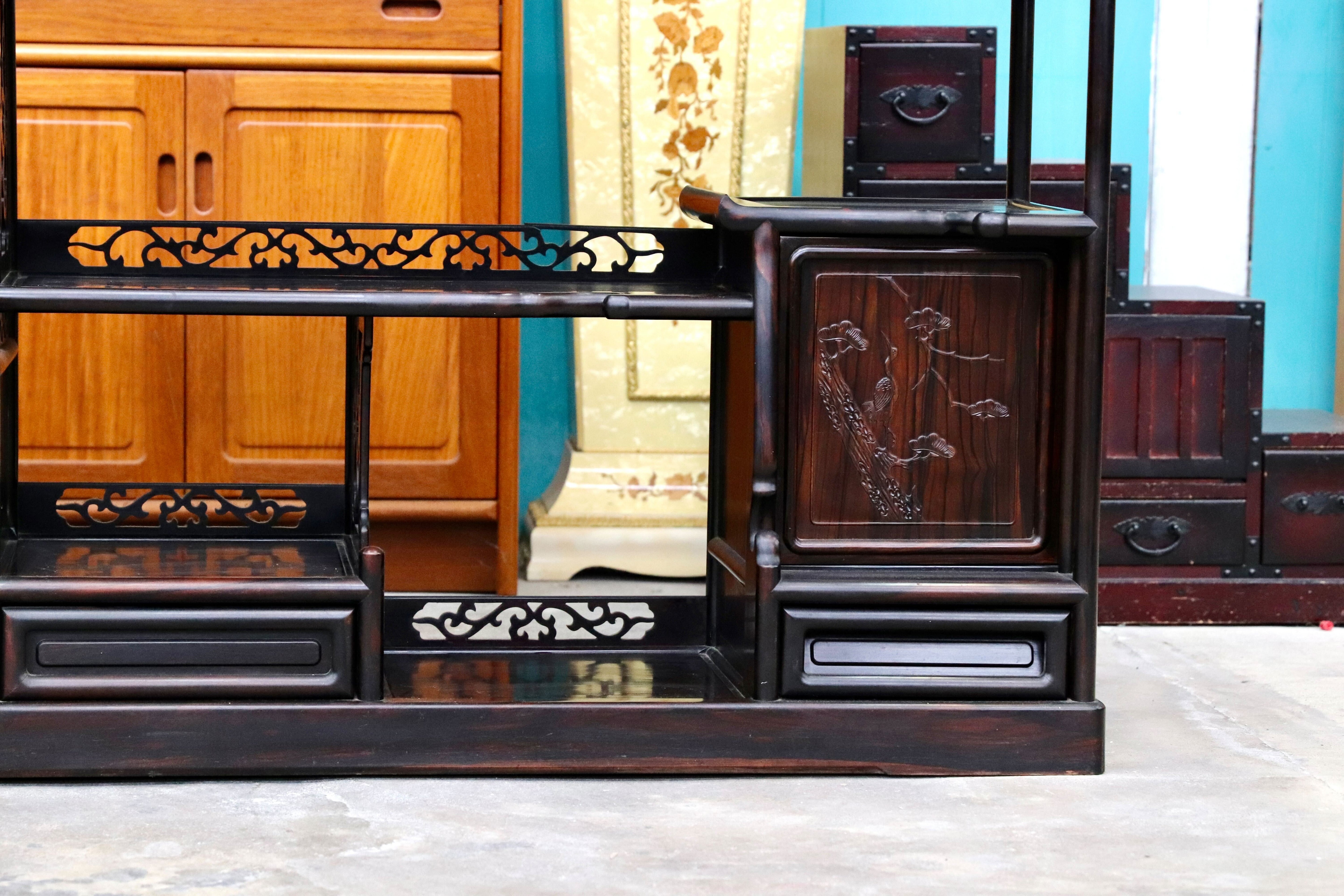 GMIS270○黒檀 茶棚 飾り棚 サイドボード リビングボード キャビネット 和家具 和室 和モダン 唐木家具 レトロ 最高級 アンティーク