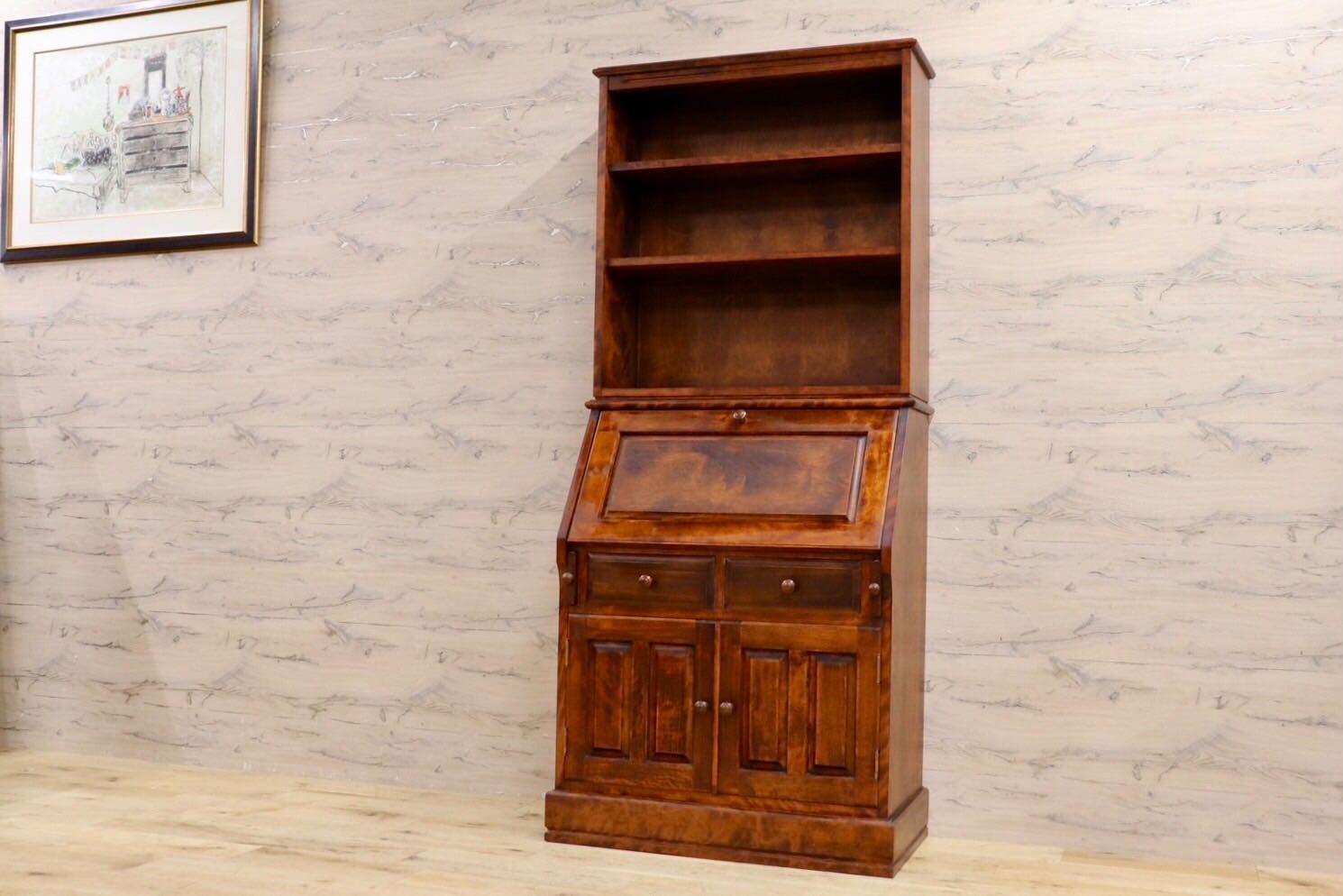 GMIS416○えぞ民芸家具 / 蝦夷民藝家具 ライティングビューロー デスク 学習机 勉強机 本棚 レトロ アンティーク 和家具 和モダン