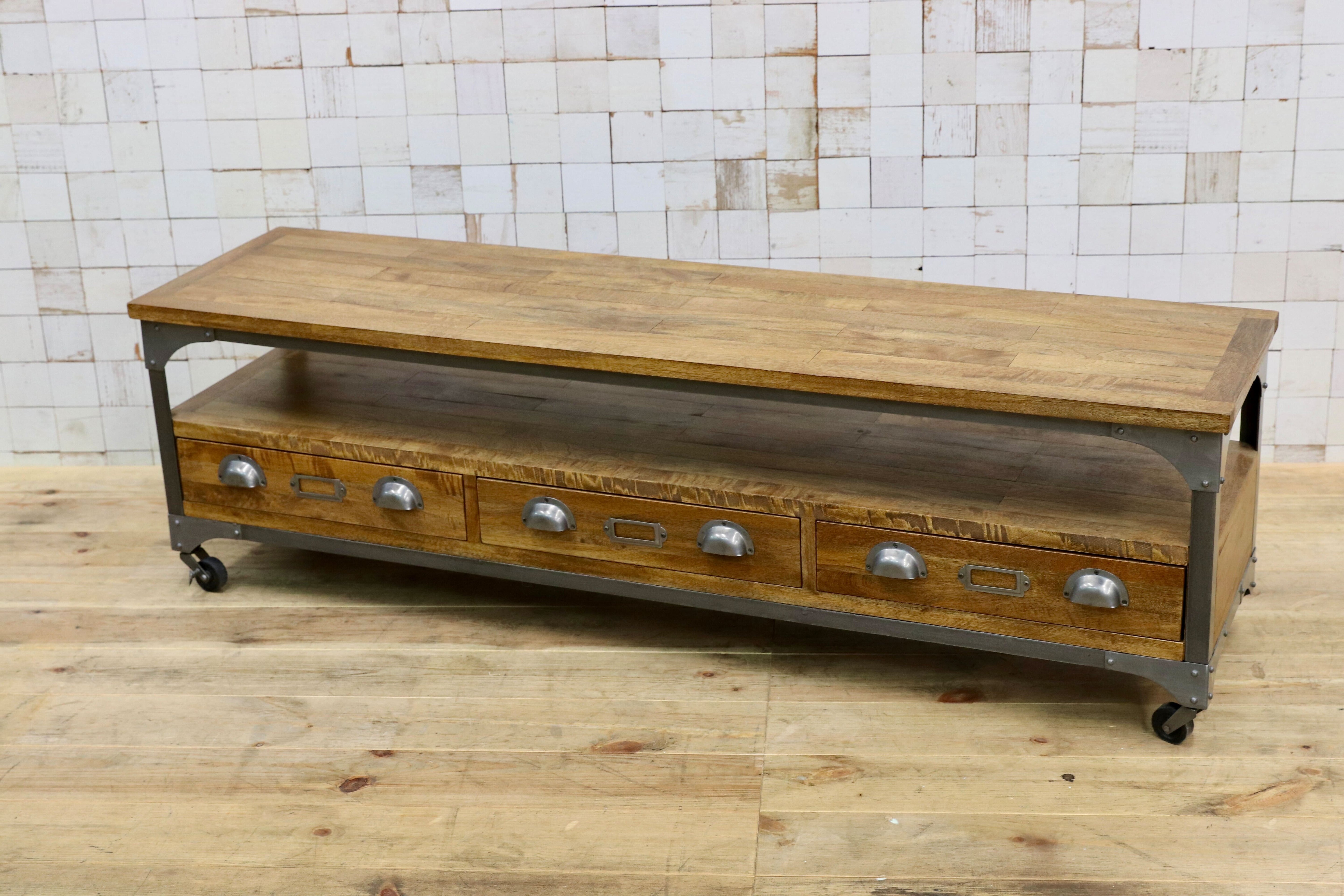 GMJN2○インダストリアル マンゴーウッド / スチール リビングボード テレビボード キャスター付 ヴィンテージ風