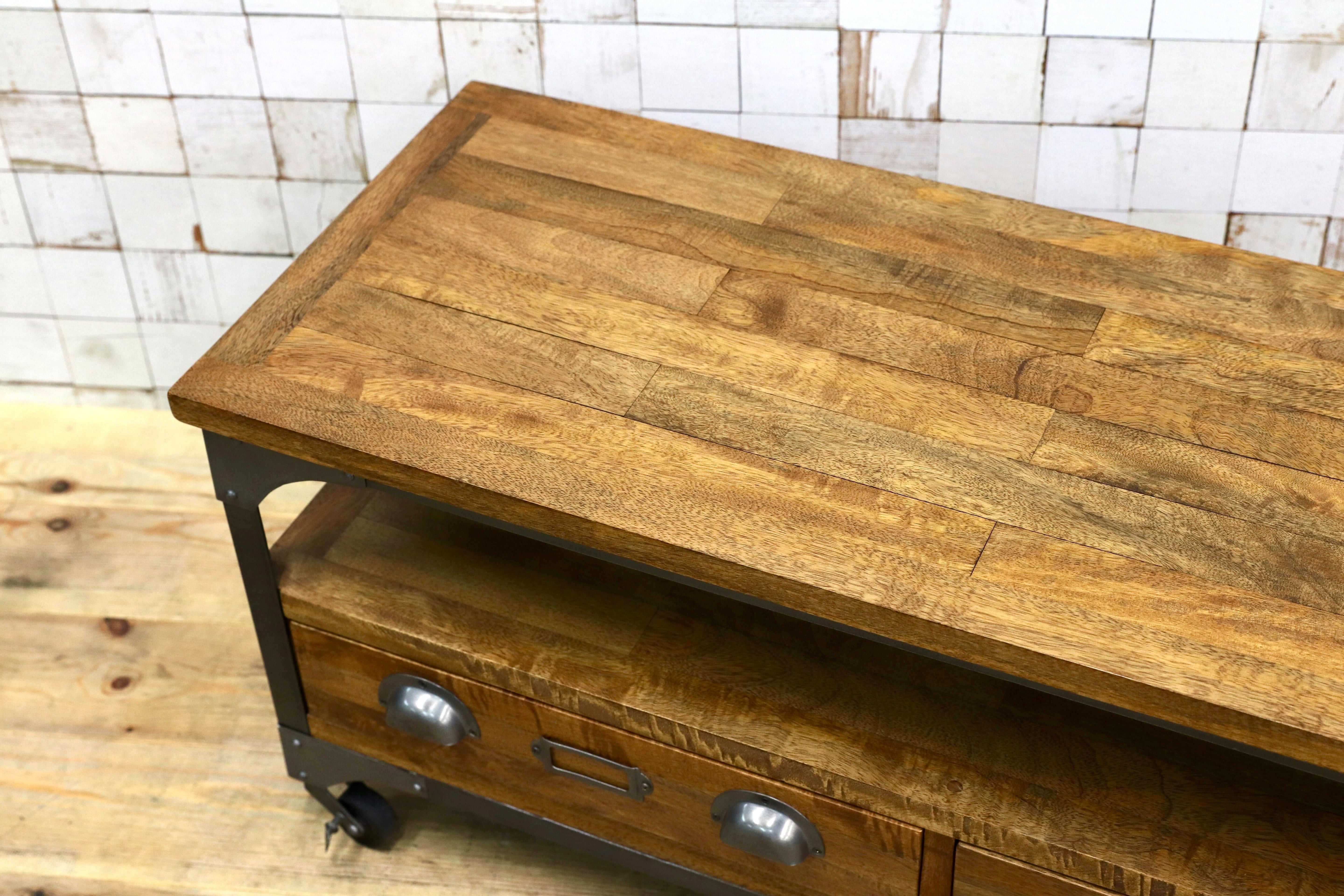 GMJN2○インダストリアル マンゴーウッド / スチール リビングボード テレビボード キャスター付 ヴィンテージ風