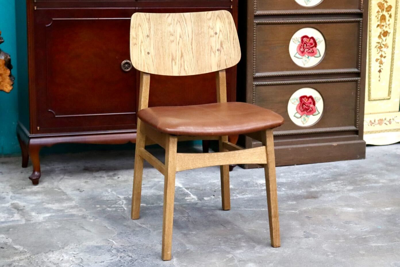 GMIK800○ダイニングチェア アームレスチェア 椅子 木製 本革 リペア済 国産家具 検)クラッシュゲート パッドチェア