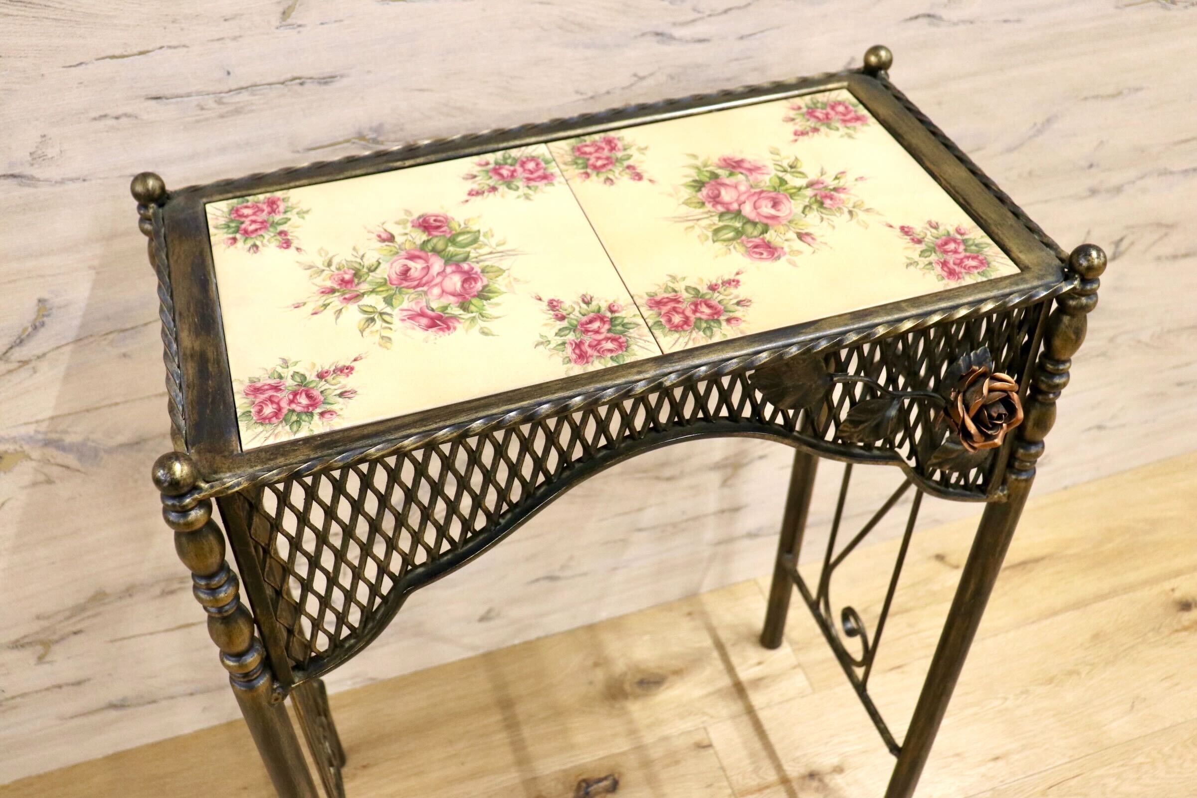 GMIK847E○アンティーク調 コンソールテーブル 花台 飾り台 電話台 玄関 アイアンラック 薔薇 ヴィンテージ レトロ インテリア
