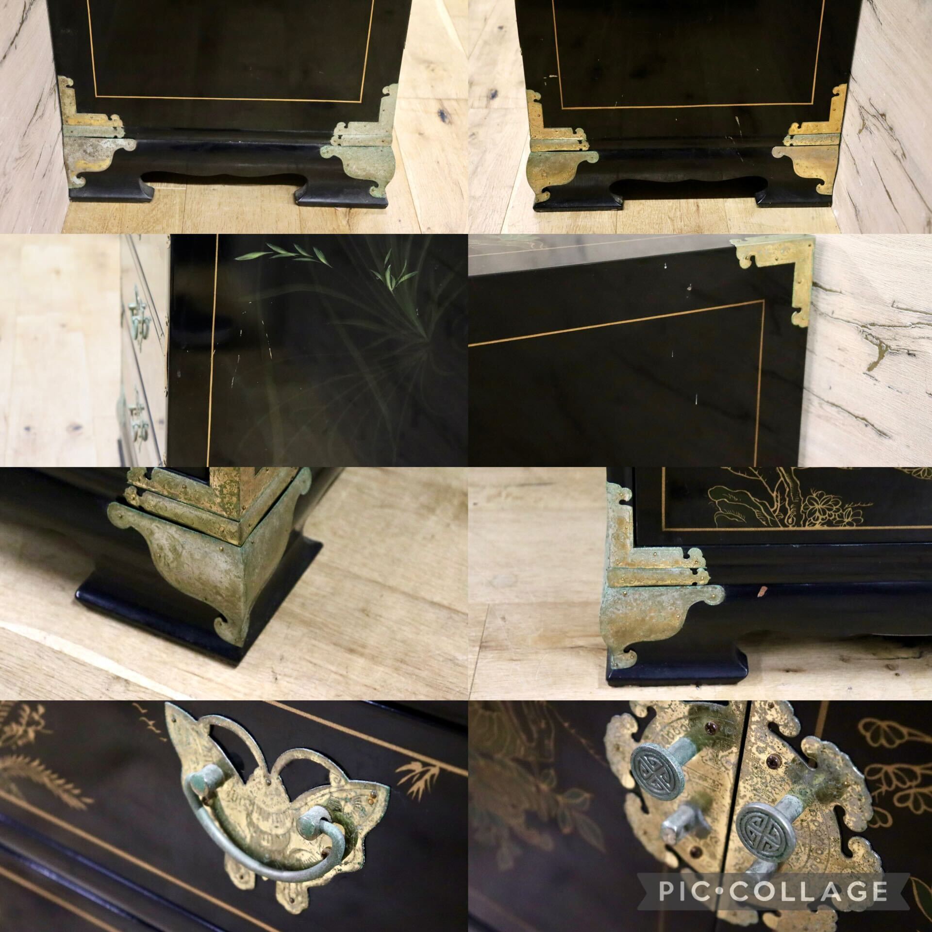 GMIH192○中国家具 李朝家具 チェスト 花鳥図 小箪笥 アジアン シノワズリ アンティーク 黒漆 飾り棚