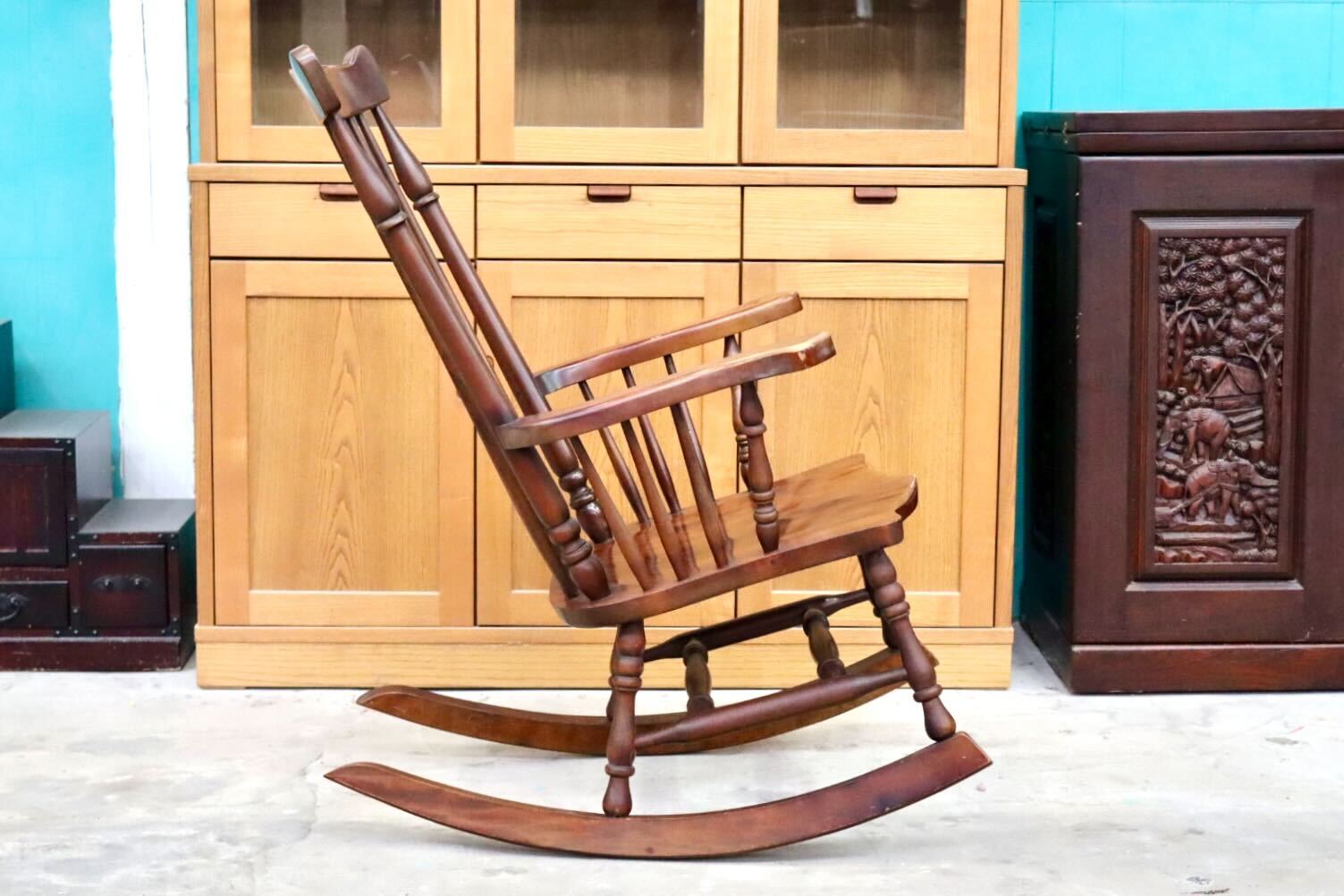 GMIH407○九州民芸家具 ロッキングチェア 揺り椅子 アームチェア 木製 ミズメザクラ 古民家 レトロ カントリー ヴィンテージ