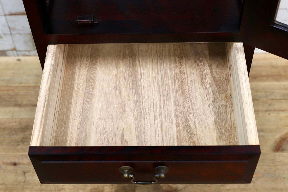 GMJK405○山室家具製作所 北の匠 スリムキャビネット 飾り棚 キュリオケース カバ材 照明付 3段引出し 旭川家具 国産家具 民芸家具