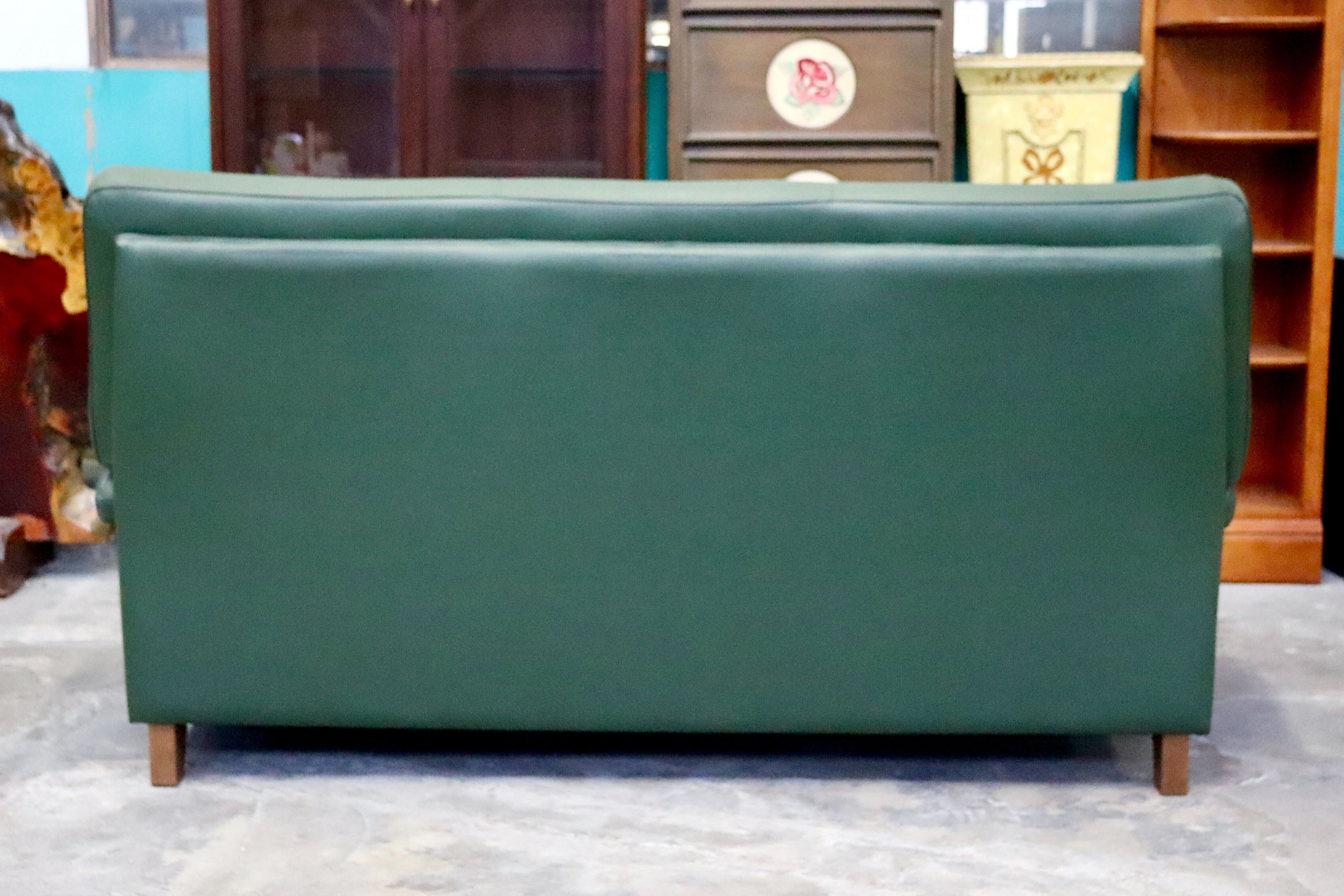 GMIS359○3人掛けソファ トリプルソファ 本革 長椅子 モダン グリーン ヴィンテージ 応接 クラシック 関家具 検）