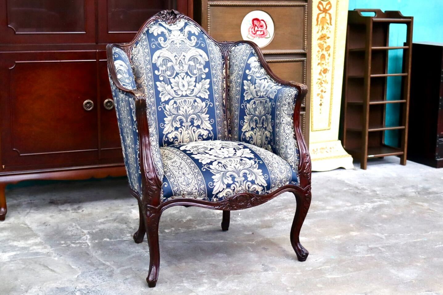 GMIH394C○シングルソファ 1人掛けソファ アームチェア 木製 ファブリック 猫脚 応接 クラシック ヴィンテージ ロココ