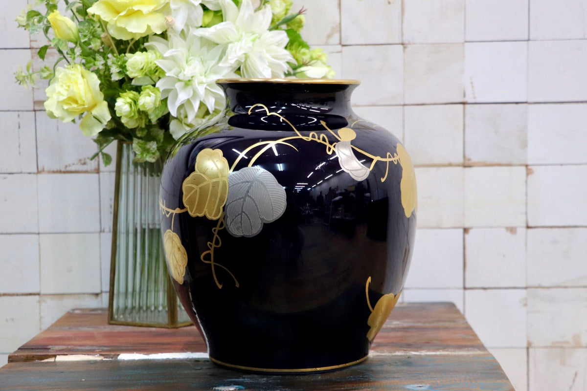 GMJO136Y〇大倉陶園 / OKURA 瑠璃金蝕ぶどう 花瓶 花器 フラワーベース 金彩 花入