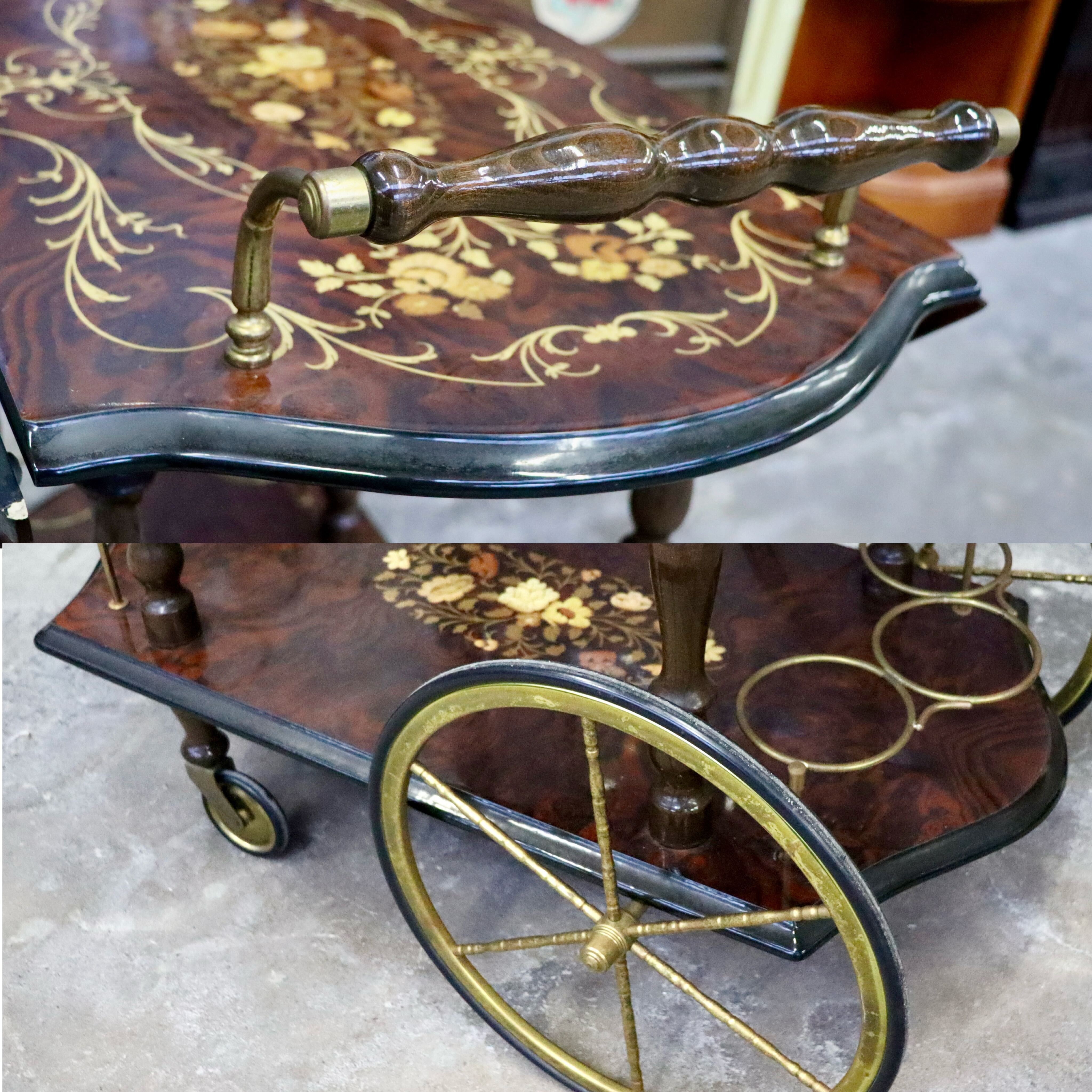 GMIH367○イタリア製 キッチンワゴン 配膳ワゴン ワインラック キャスターワゴン 象嵌細工 クラシック アンティーク