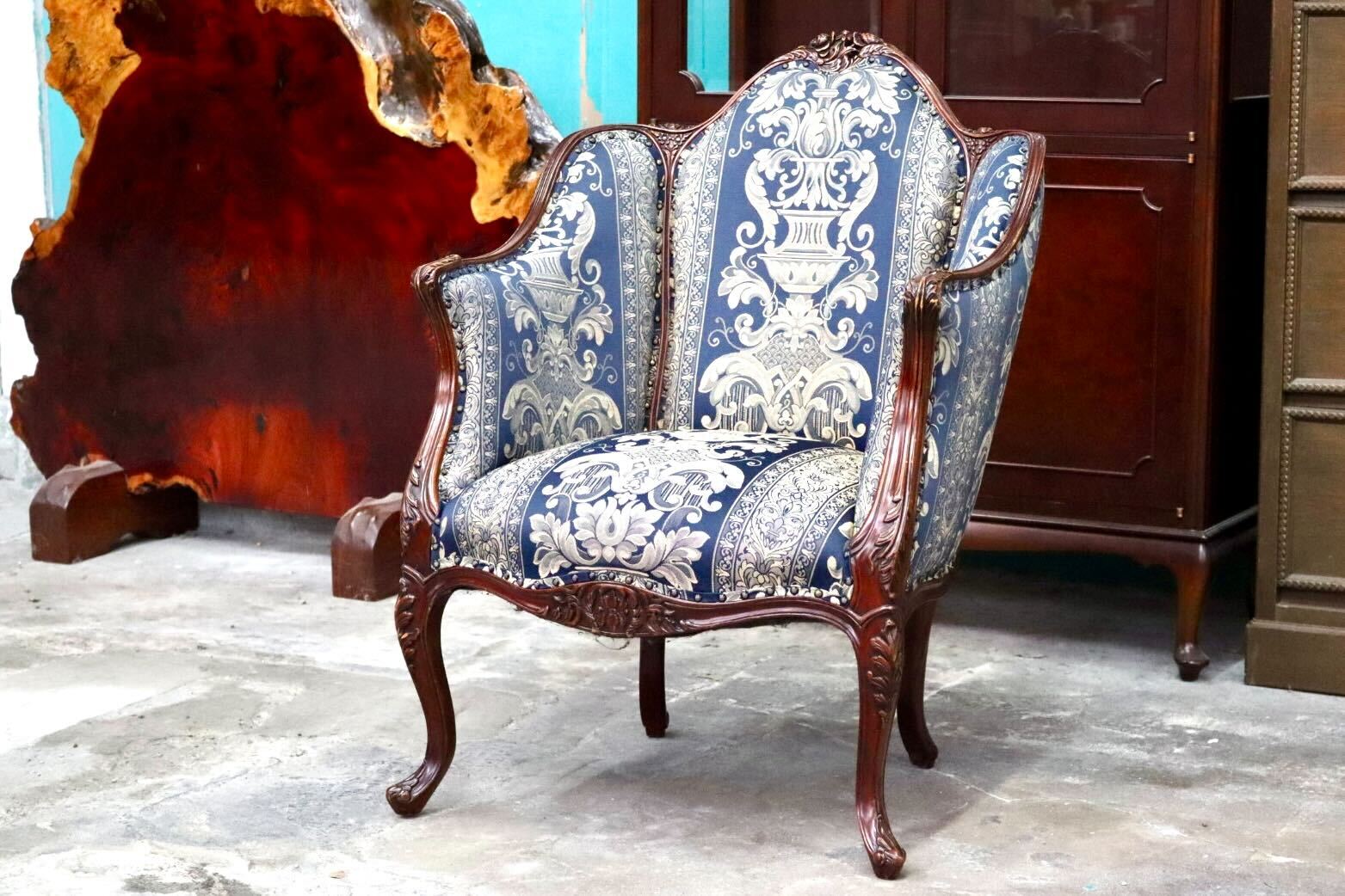 GMIH394D○シングルソファ 1人掛けソファ アームチェア 木製 ファブリック 猫脚 応接 クラシック ヴィンテージ ロココ