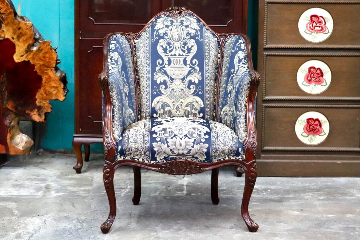 GMIH394D○シングルソファ 1人掛けソファ アームチェア 木製 ファブリック 猫脚 応接 クラシック ヴィンテージ ロココ