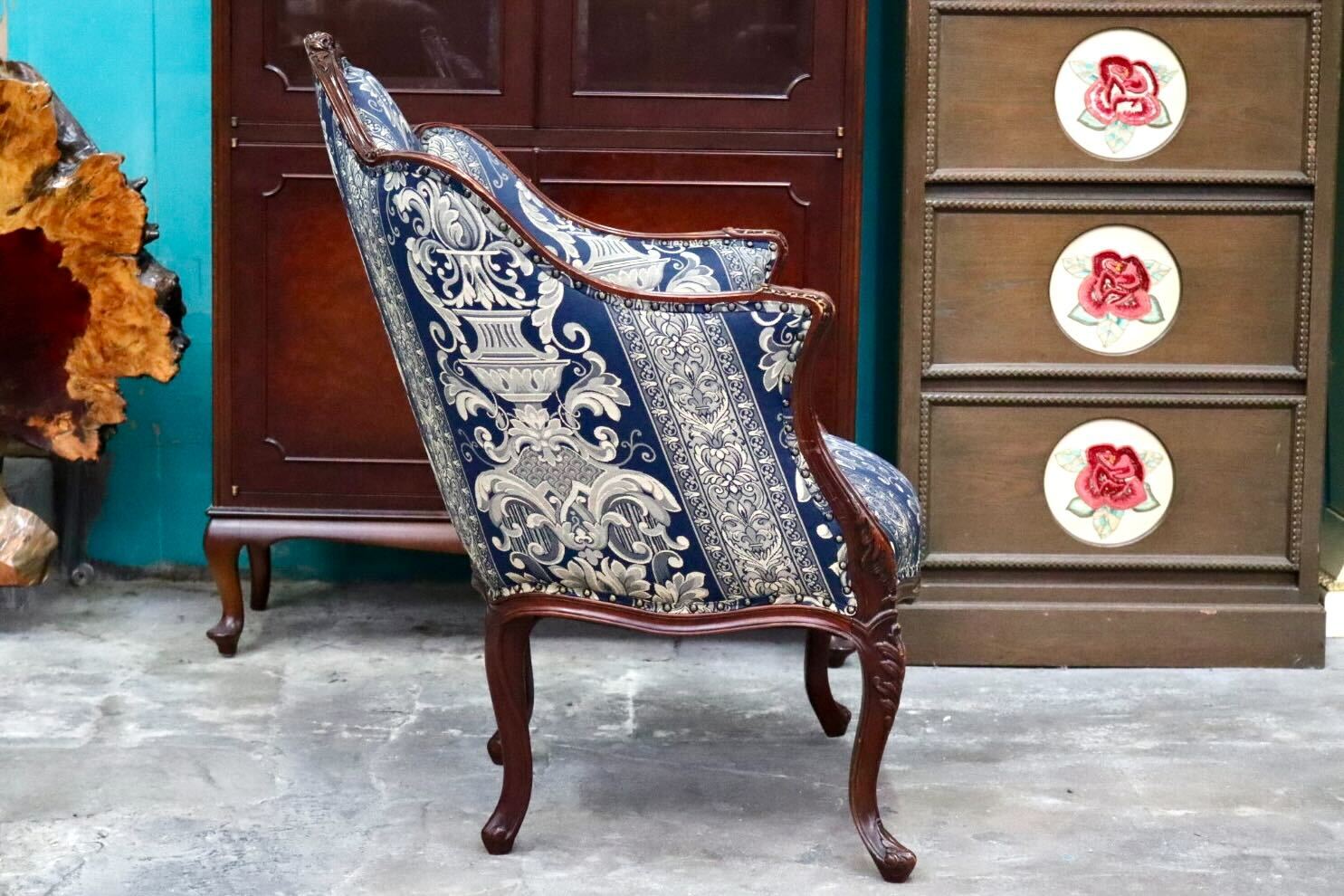 GMIH394D○シングルソファ 1人掛けソファ アームチェア 木製 ファブリック 猫脚 応接 クラシック ヴィンテージ ロココ