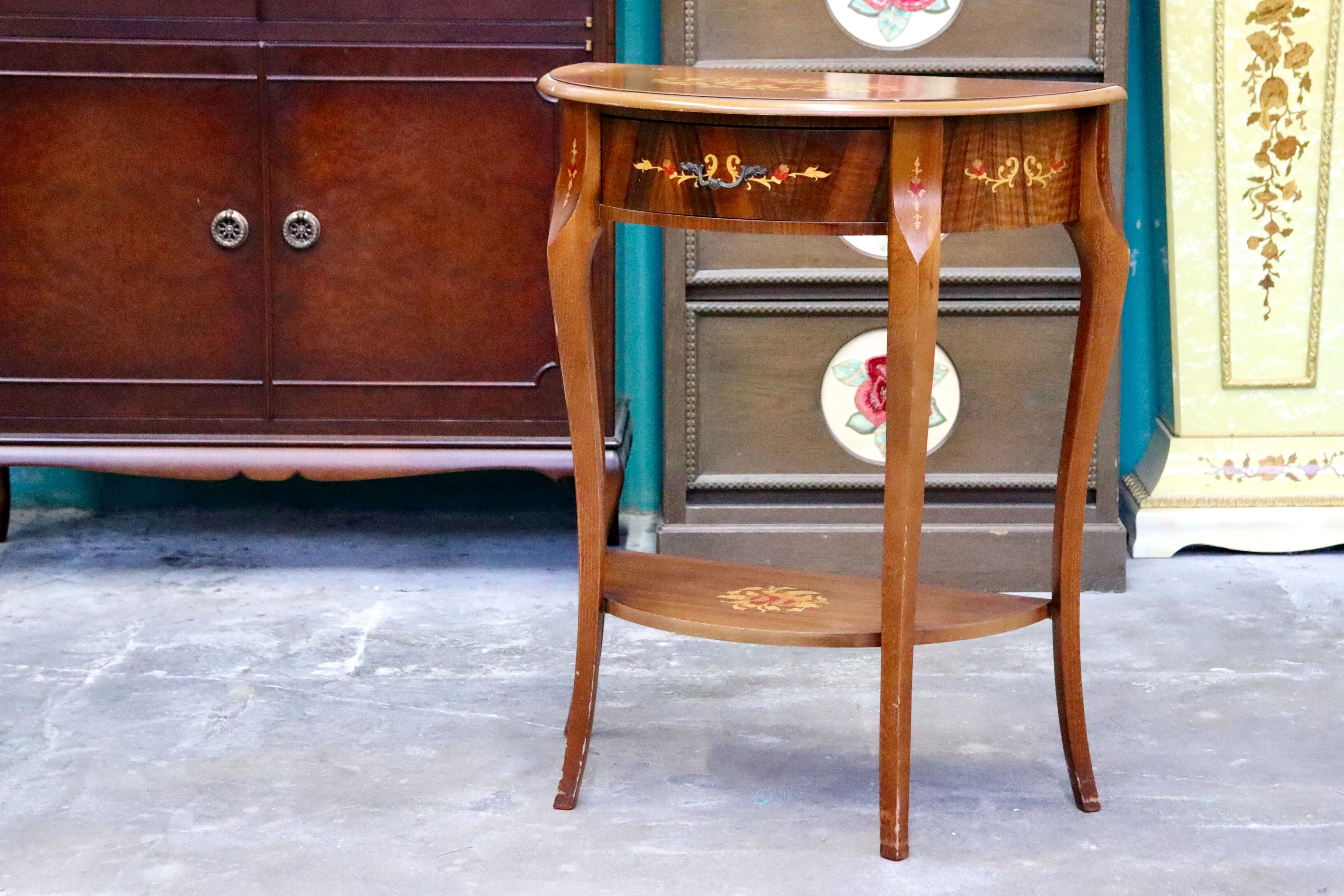 GMIH362○サイドテーブル コンソールテーブル 半円形テーブル 象嵌細工 花台 飾り台 猫脚 アンティーク クラシック