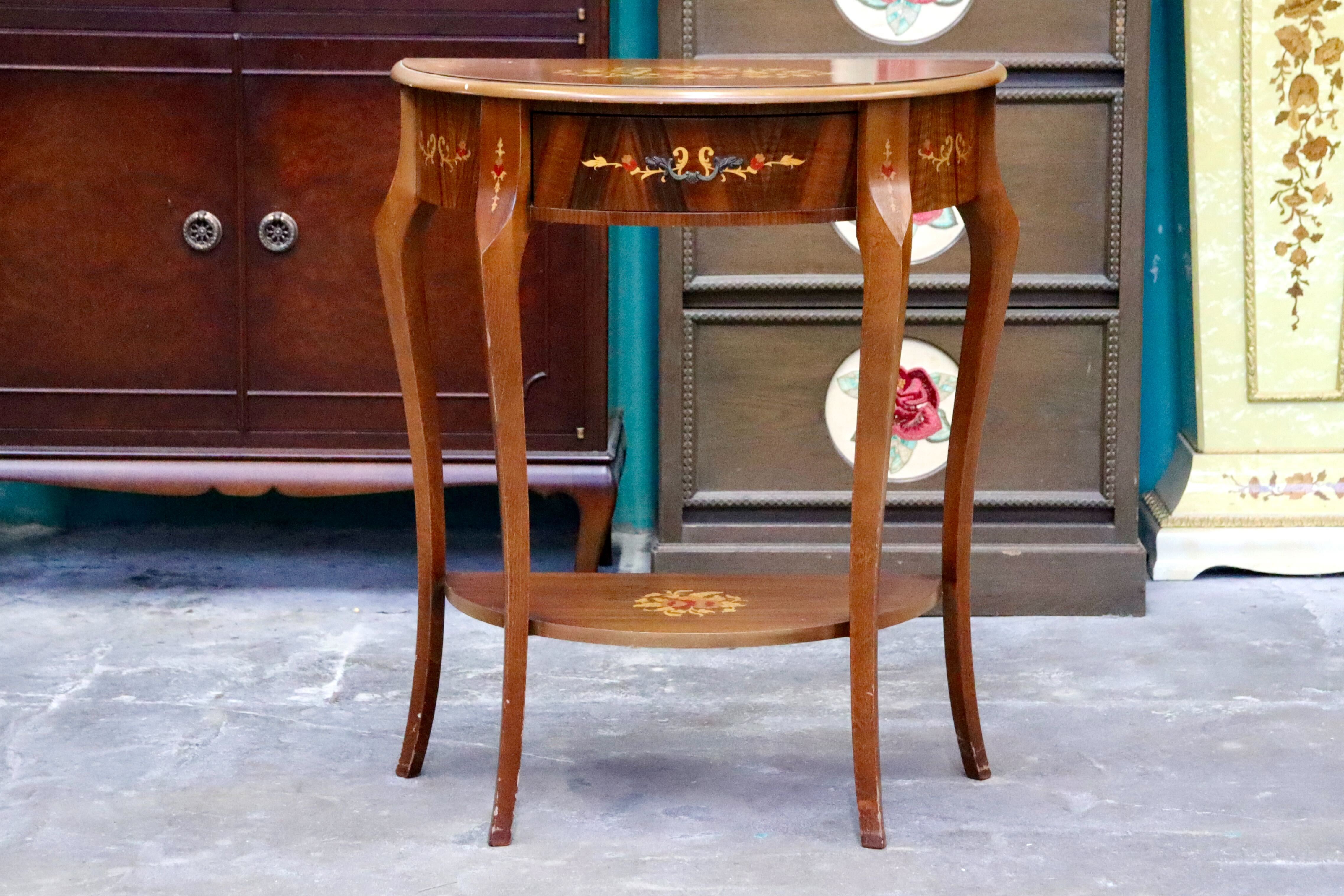 GMIH362○サイドテーブル コンソールテーブル 半円形テーブル 象嵌細工 花台 飾り台 猫脚 アンティーク クラシック