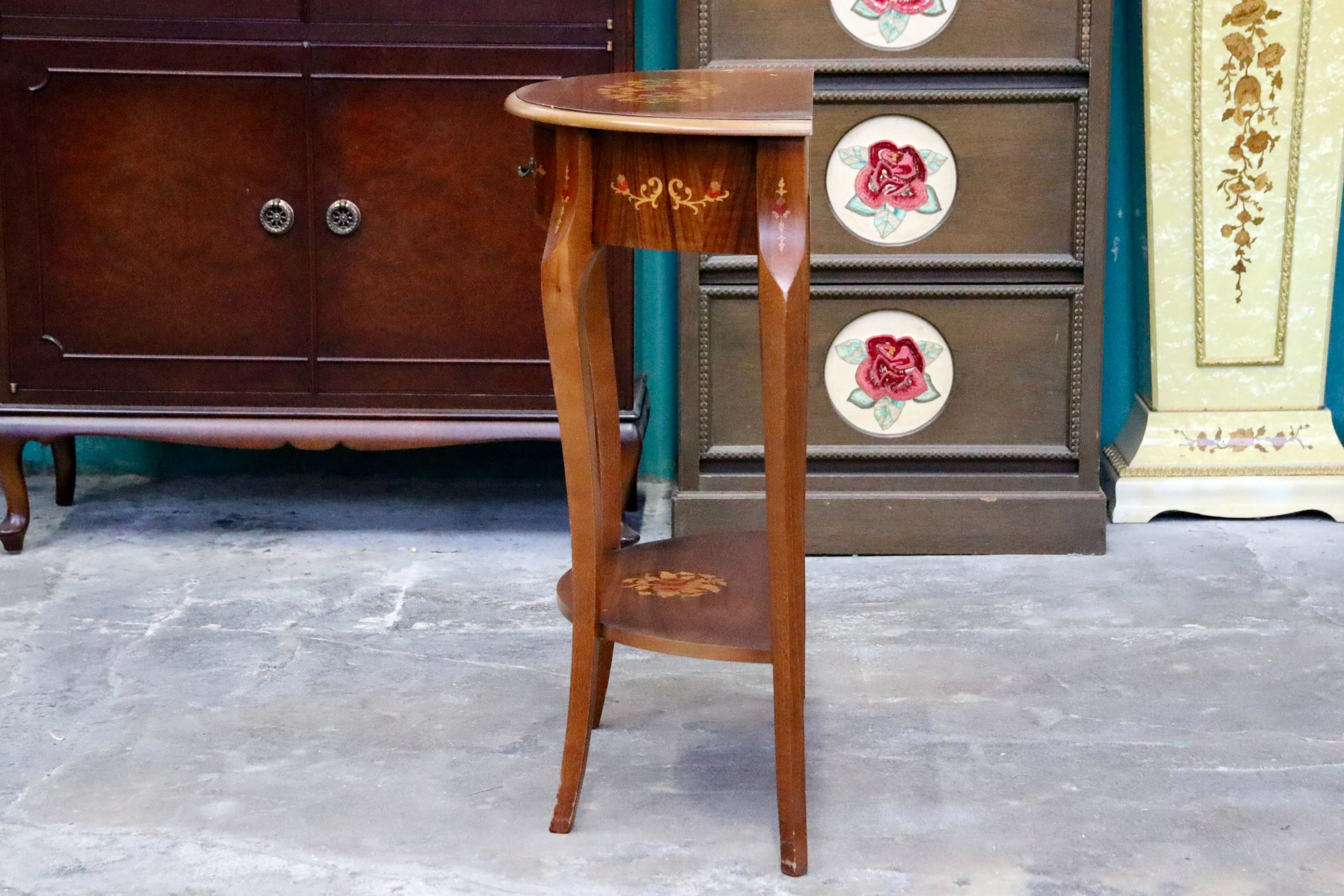 GMIH362○サイドテーブル コンソールテーブル 半円形テーブル 象嵌細工 花台 飾り台 猫脚 アンティーク クラシック