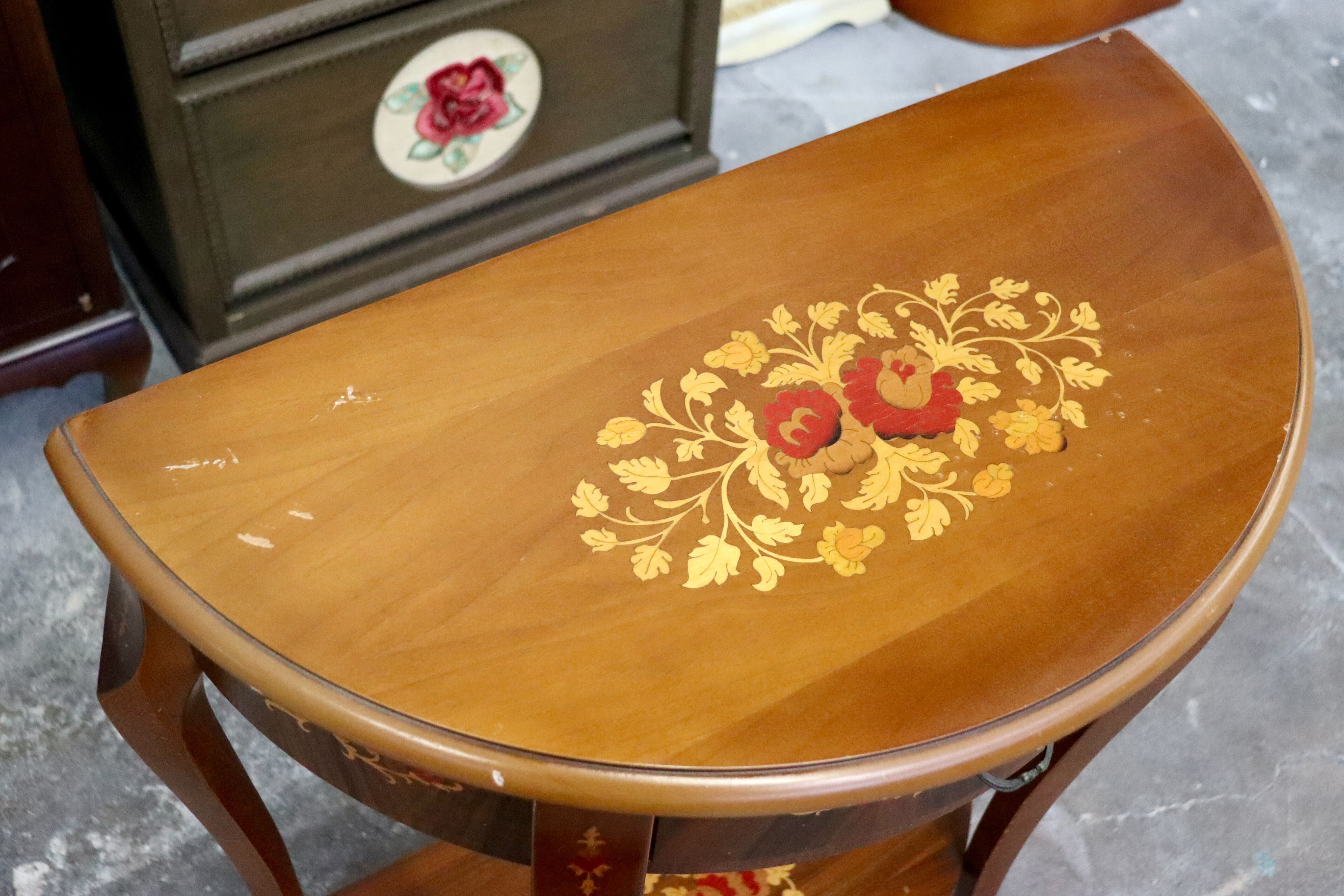 GMIH362○サイドテーブル コンソールテーブル 半円形テーブル 象嵌細工 花台 飾り台 猫脚 アンティーク クラシック