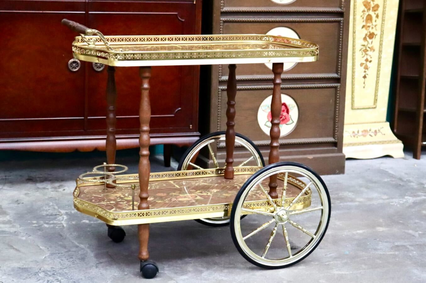 GMIS501○イタリア製 キッチンワゴン 配膳ワゴン ワインラック サイドテーブル キャスター 象嵌細工 クラシック アンティーク