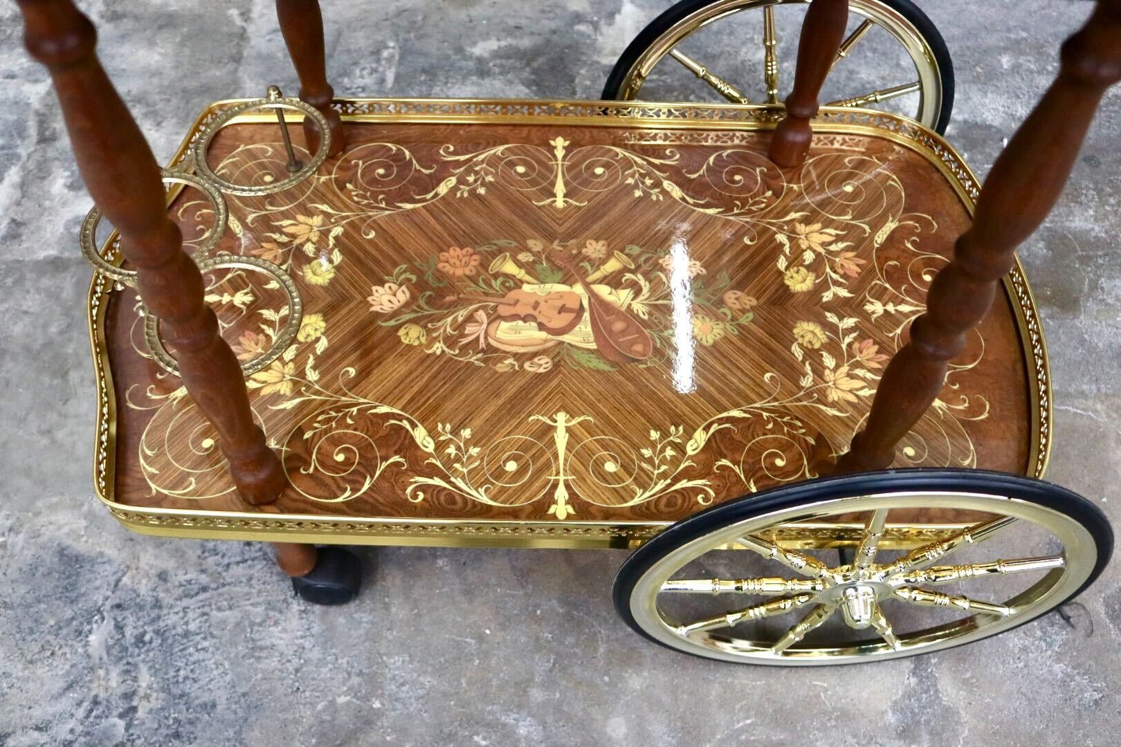 GMIS501○イタリア製 キッチンワゴン 配膳ワゴン ワインラック サイドテーブル キャスター 象嵌細工 クラシック アンティーク