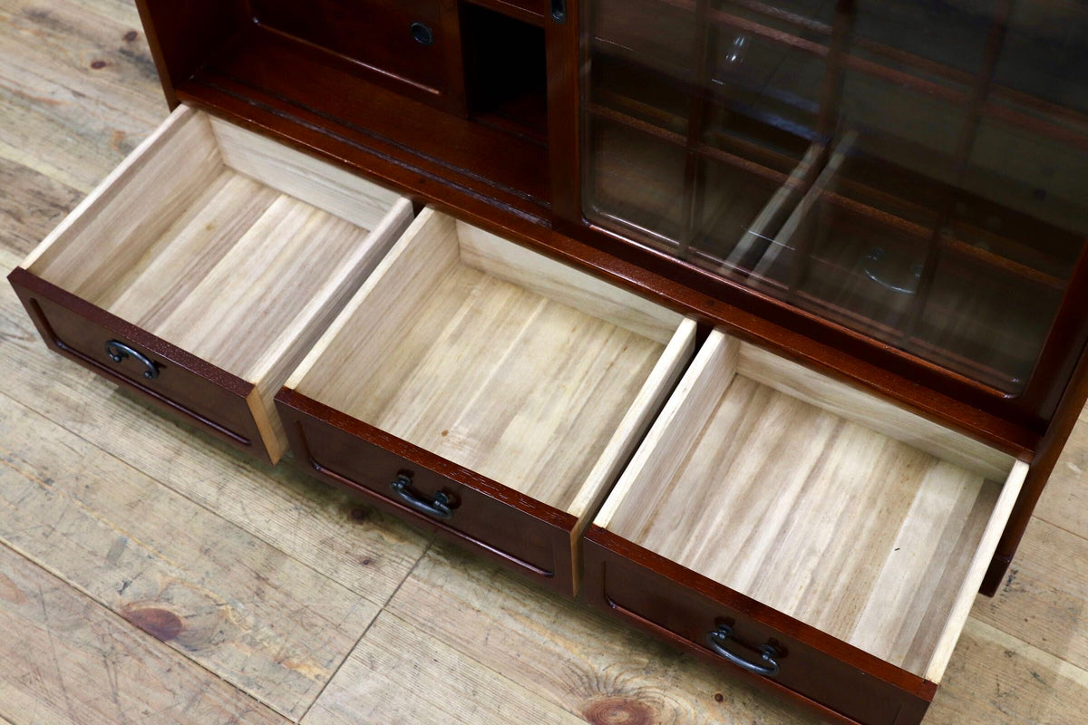 GMJK408○国産家具 欅杢 格子ガラス 茶箪笥 水屋箪笥 飾り棚 食器棚 和家具 民芸家具 和モダン