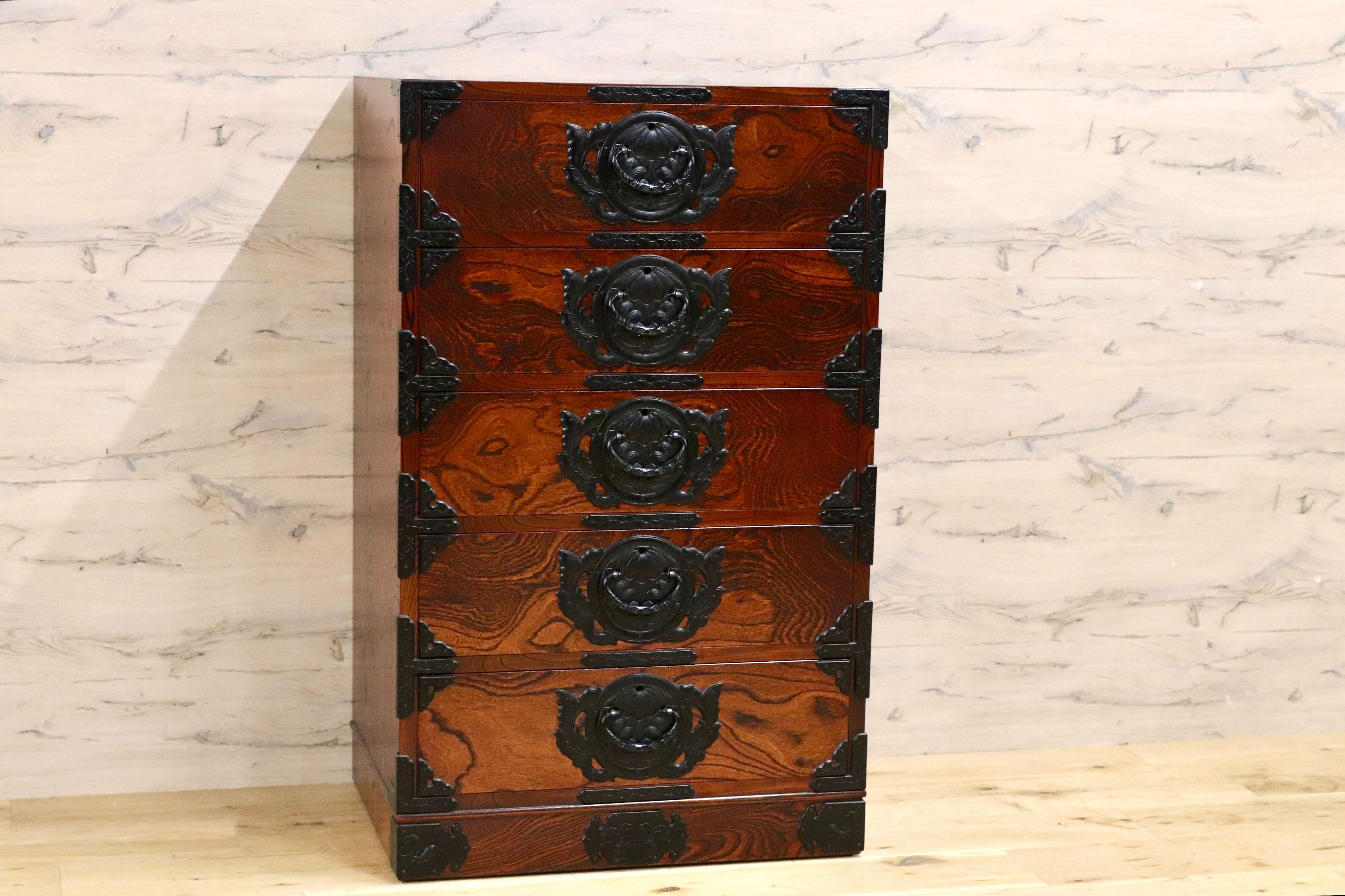 GMJS15A○岩谷堂箪笥 / 岩谷堂タンス けやき産業 欅杢 小箪笥 5段チェスト 整理箪笥 南部鉄器金具 和モダン 民芸家具 岩手県伝統工芸