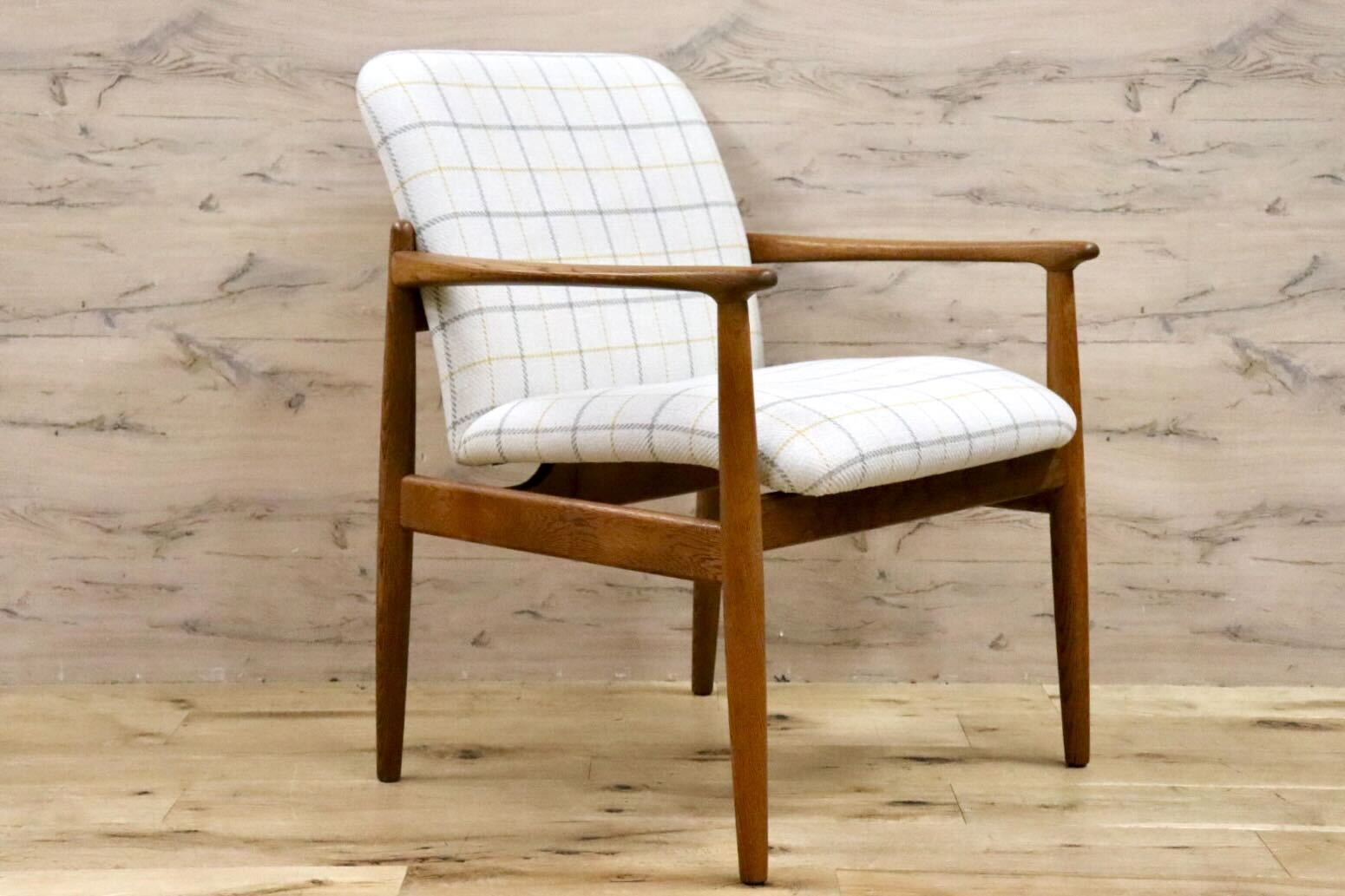 GMHK3D○オールドカリモク karimoku アームチェア 椅子 ラウンジチェア ダイニングチェア 楢無垢材 北欧スタイル ヴィンテージ リペア済