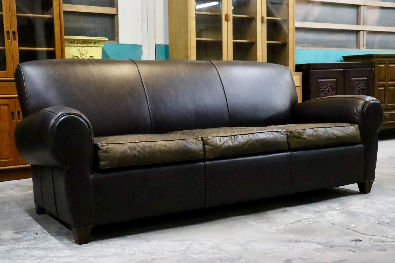 GMIK558○Pottery Barn / ポッタリーバーン 3人掛けソファ トリプルソファ 長椅子 本革 ダークブラウン アメリカ ヴィンテージ