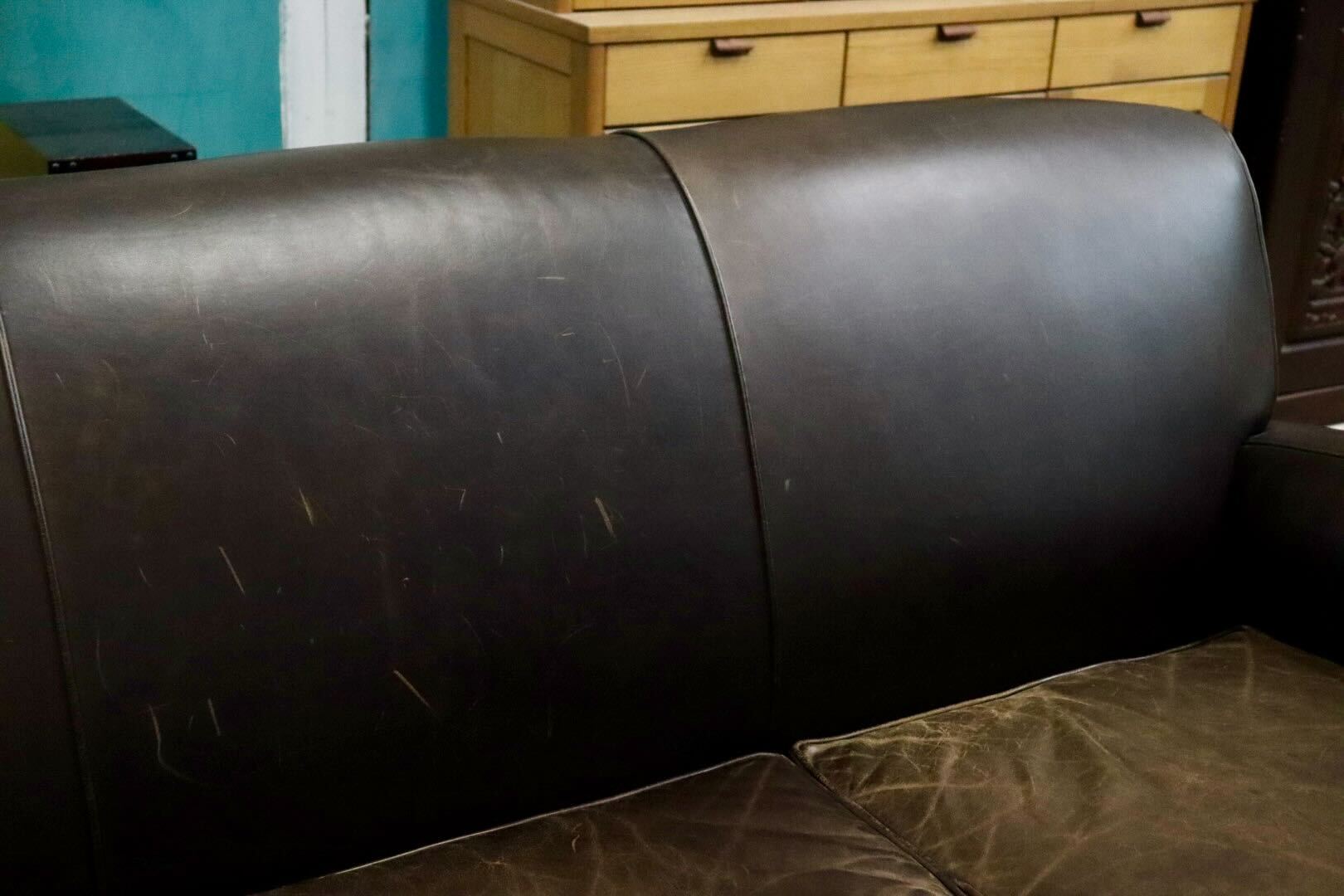 GMIK558○Pottery Barn / ポッタリーバーン 3人掛けソファ トリプルソファ 長椅子 本革 ダークブラウン アメリカ ヴィンテージ