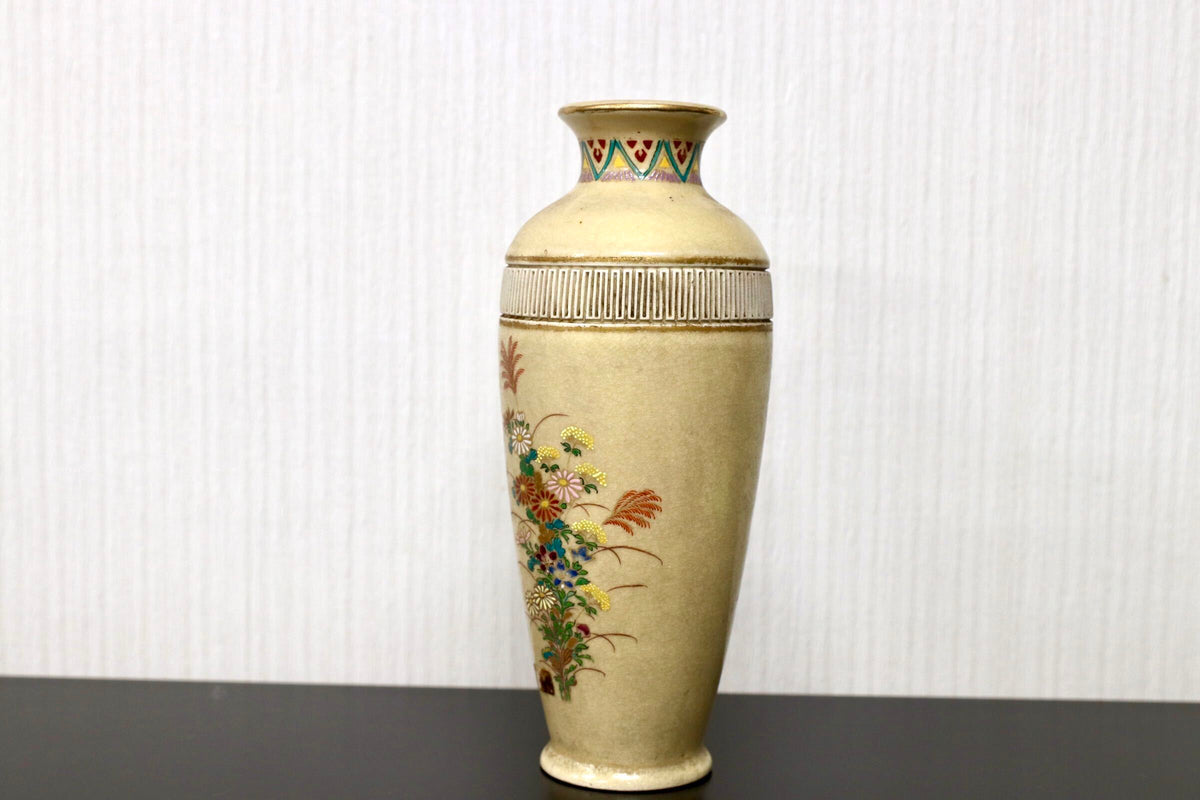 GMJK405F○薩陶山 薩摩焼 金彩色絵 秋草文 花瓶 花器 飾壺 陶芸 陶器 美術工芸品
