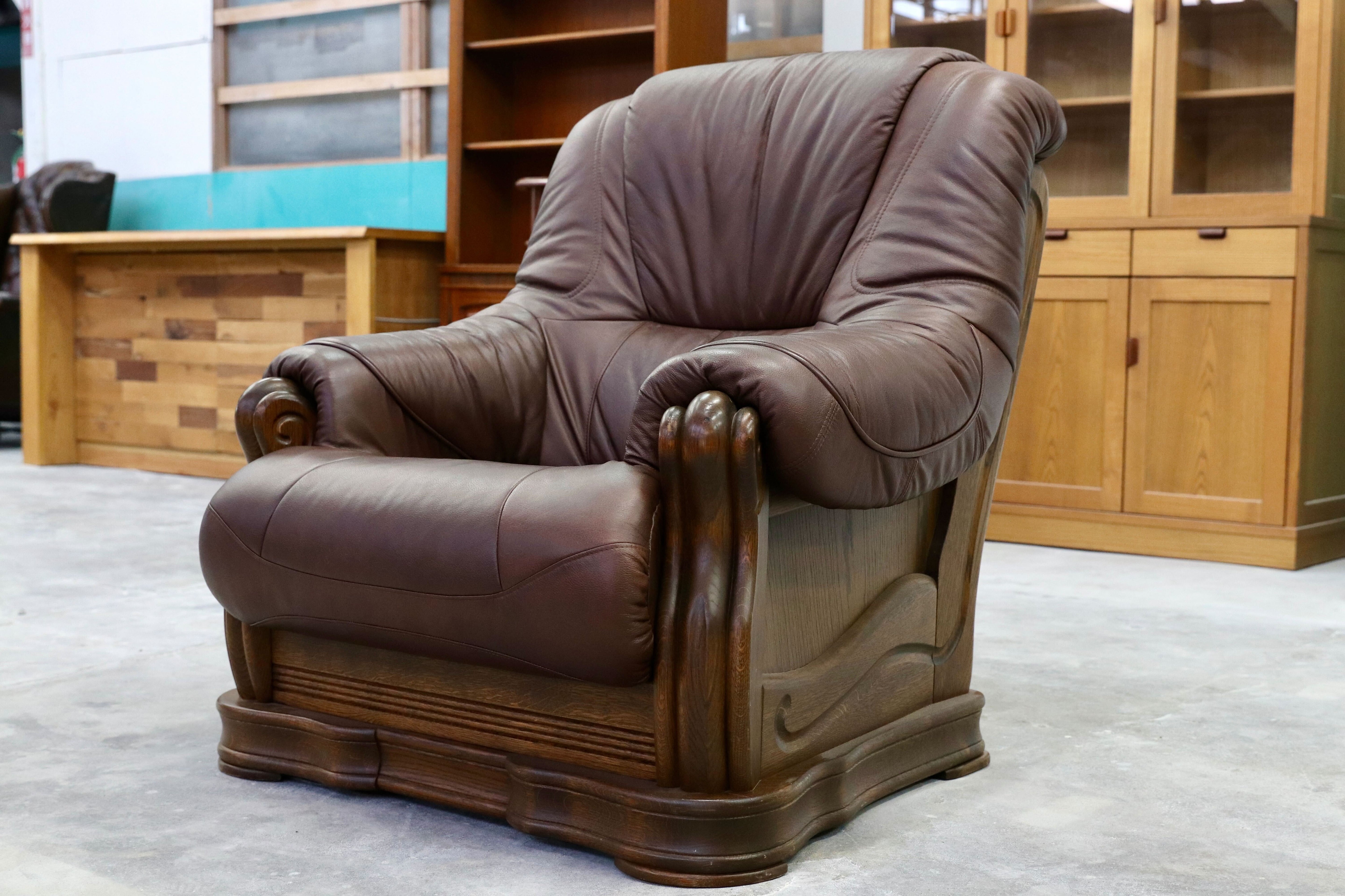 GMHK507A○オランダ製 ダッチカントリー 1人掛けソファ シングルソファ オーク材 本革 応接 リビング ブラウン ヴィンテージ 約35万