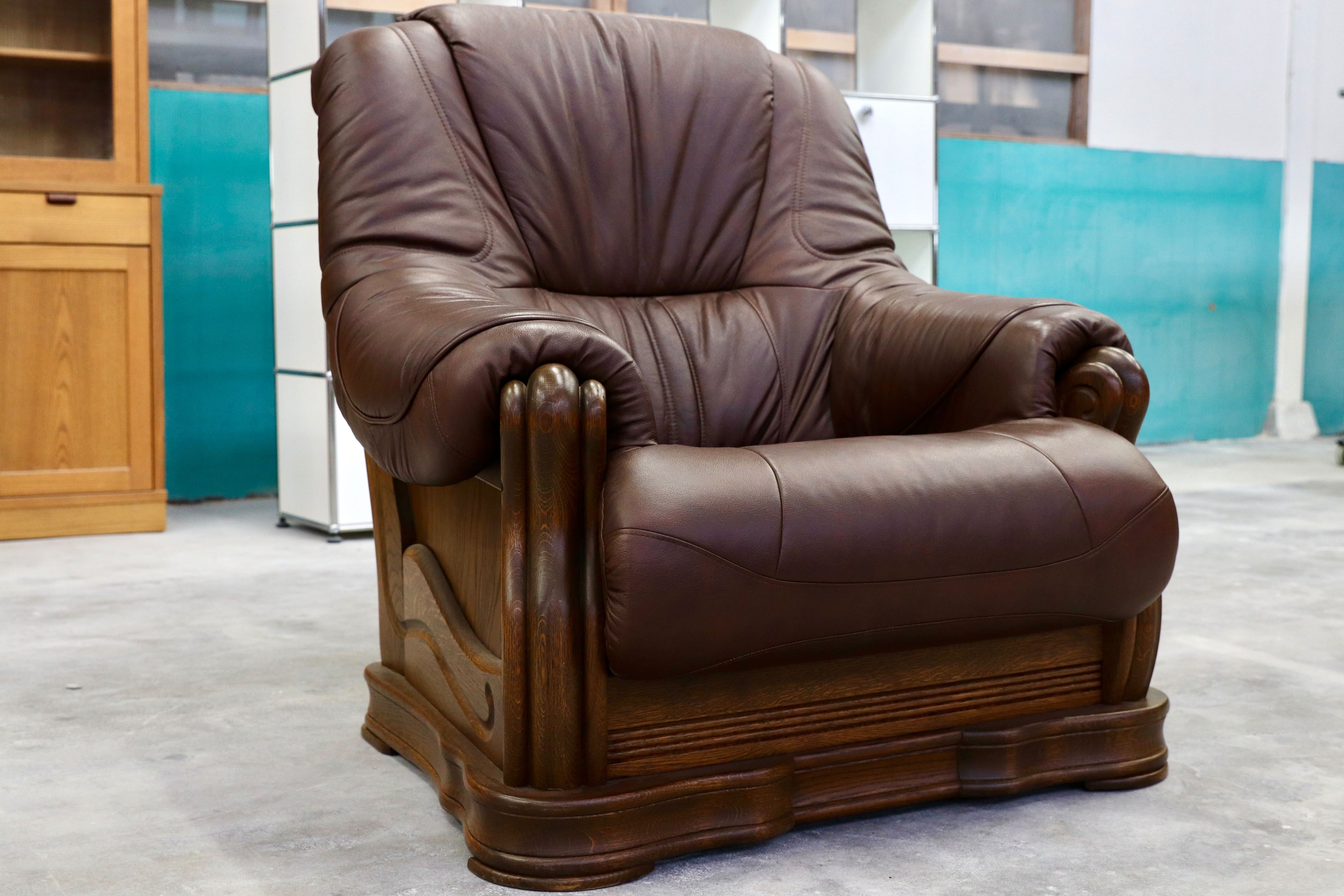 GMHK507A○オランダ製 ダッチカントリー 1人掛けソファ シングルソファ オーク材 本革 応接 リビング ブラウン ヴィンテージ 約35万