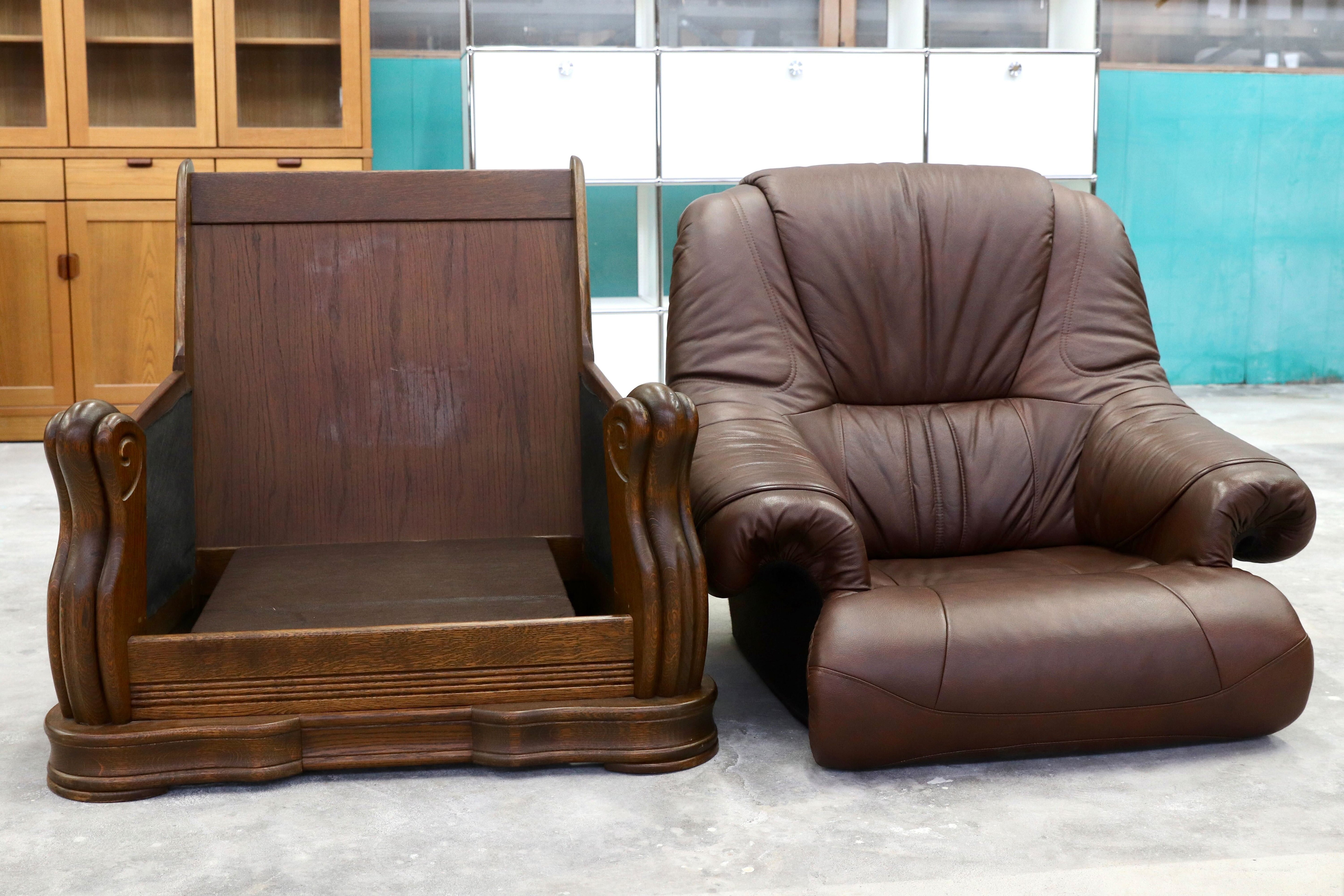 GMHK507A○オランダ製 ダッチカントリー 1人掛けソファ シングルソファ オーク材 本革 応接 リビング ブラウン ヴィンテージ 約35万